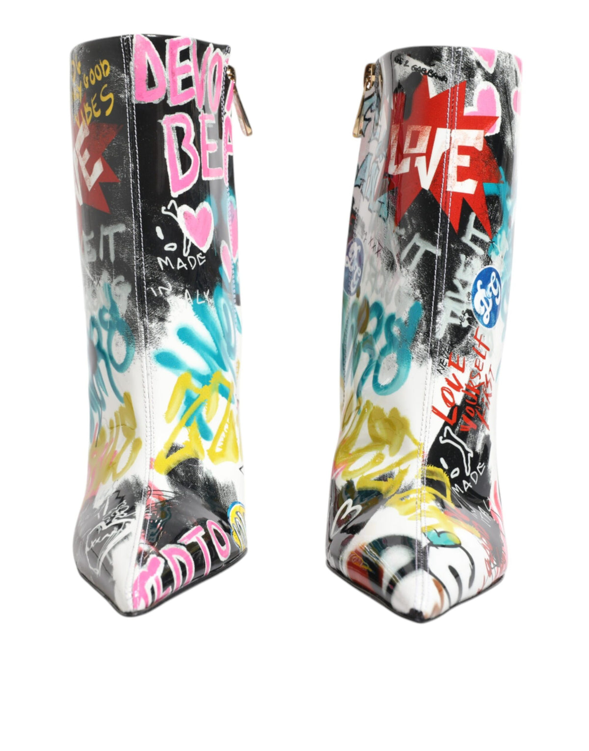 Indulge in the exquisite Dolce & Gabbana Multicolor Graffiti Keira Mid Calf Boots, crafted from sumptuous lamb leather for a bold statement in luxury fashion.