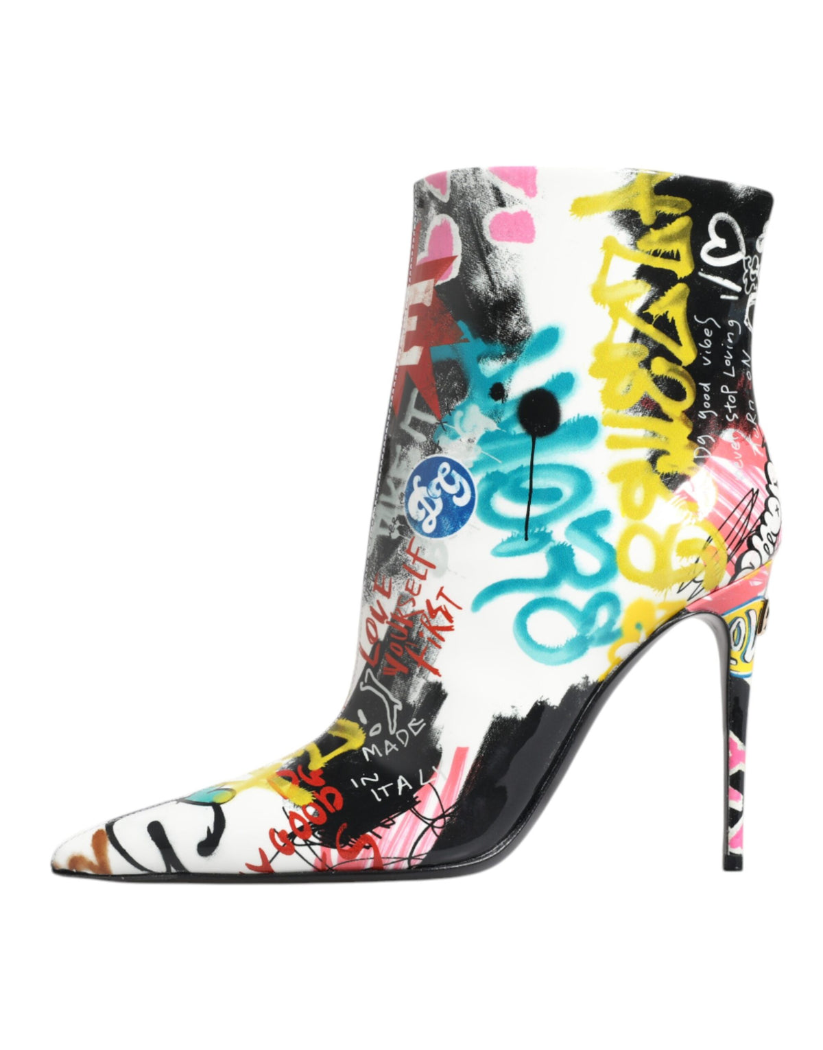 Indulge in the exquisite Dolce & Gabbana Multicolor Graffiti Keira Mid Calf Boots, crafted from sumptuous lamb leather, embodying bold elegance for the discerning fashionista.