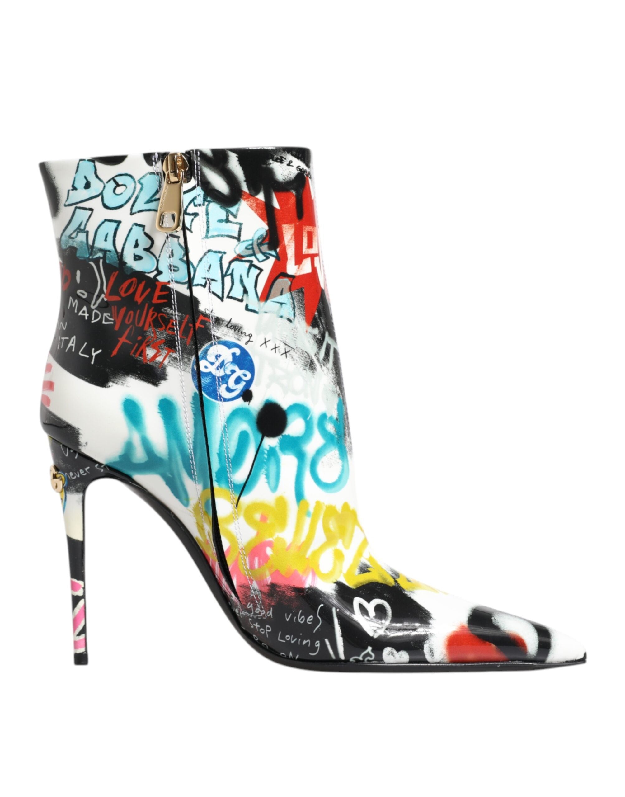 Indulge in the exquisite Dolce & Gabbana Multicolor Graffiti Keira Mid Calf Boots, crafted from sumptuous lamb leather, embodying bold elegance and artistic flair.