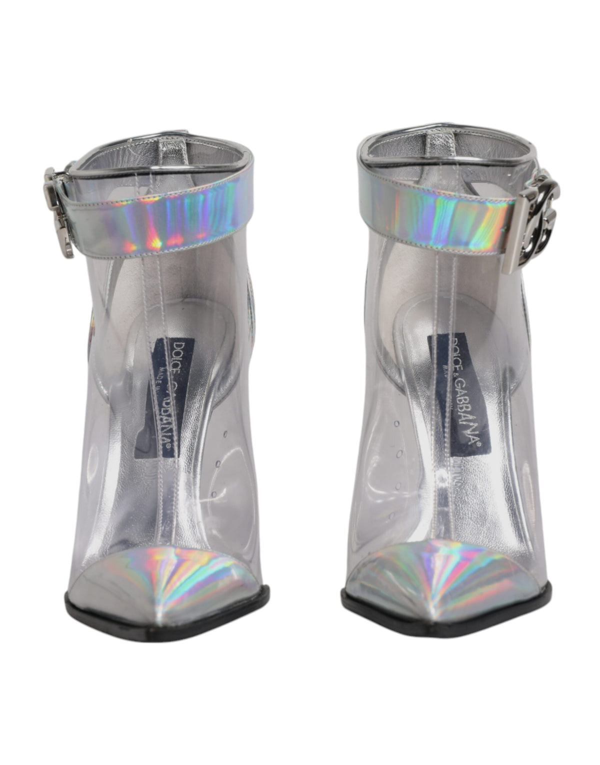 Step into elegance with Dolce & Gabbana's Silver Iridescent Pointed Short Boots, where Italian craftsmanship meets luxurious materials for an alluring statement.