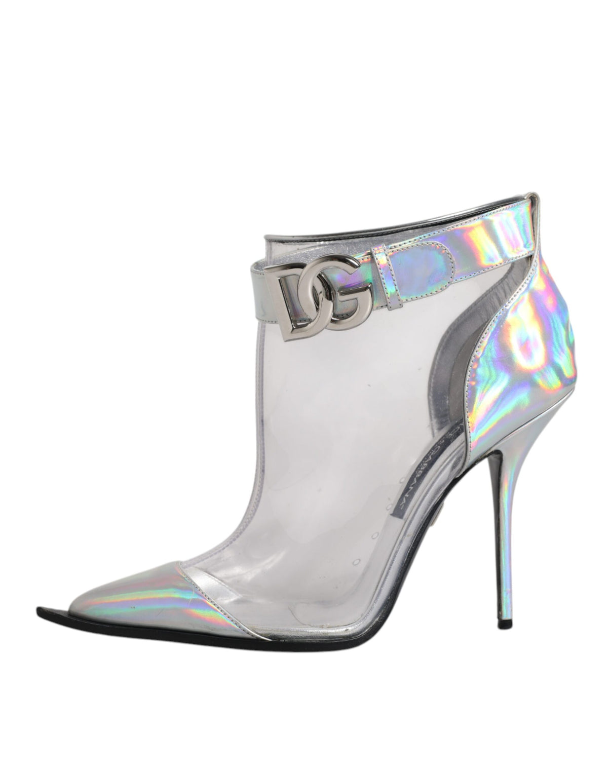 Elevate your style with Dolce & Gabbana's Silver Iridescent Pointed Short Boots, crafted in Italy from luxurious materials, embodying sophistication and allure for every occasion.