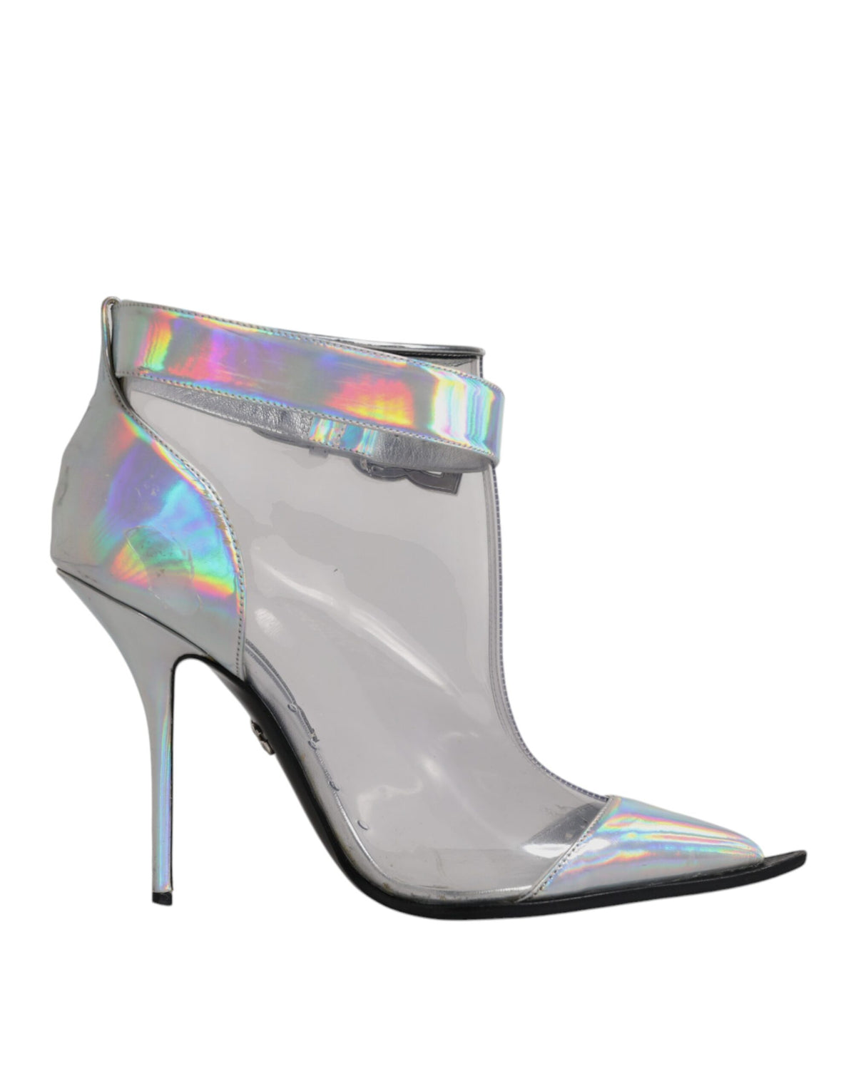 Step into a world of elegance with Dolce & Gabbana's Silver Iridescent Pointed Short Boots, crafted in Italy from luxurious materials for the discerning fashion connoisseur.