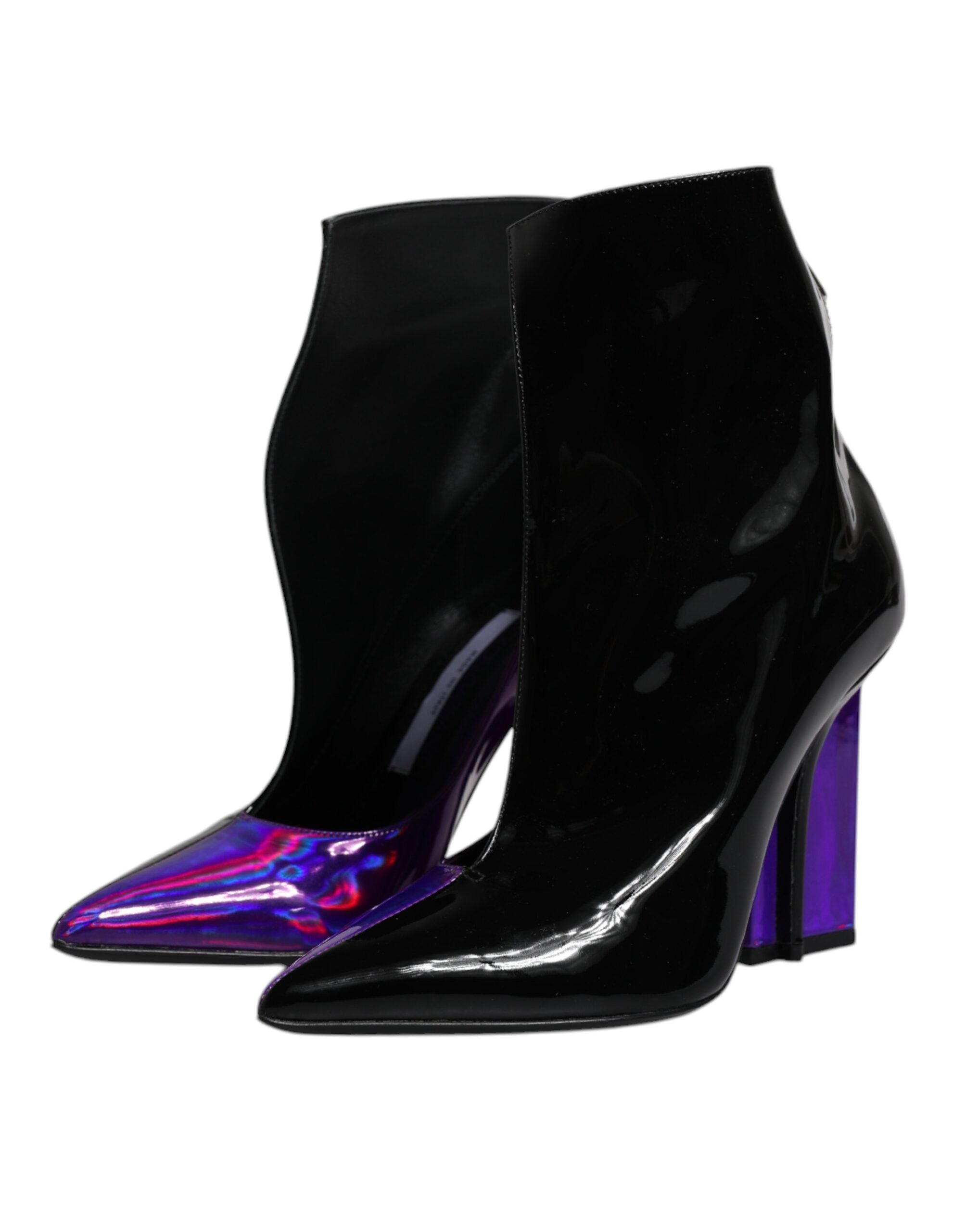 Experience the exquisite craftsmanship of Dolce & Gabbana's Purple Black Pointed Ankle Boots, where luxurious leather meets contemporary elegance for an alluring statement.