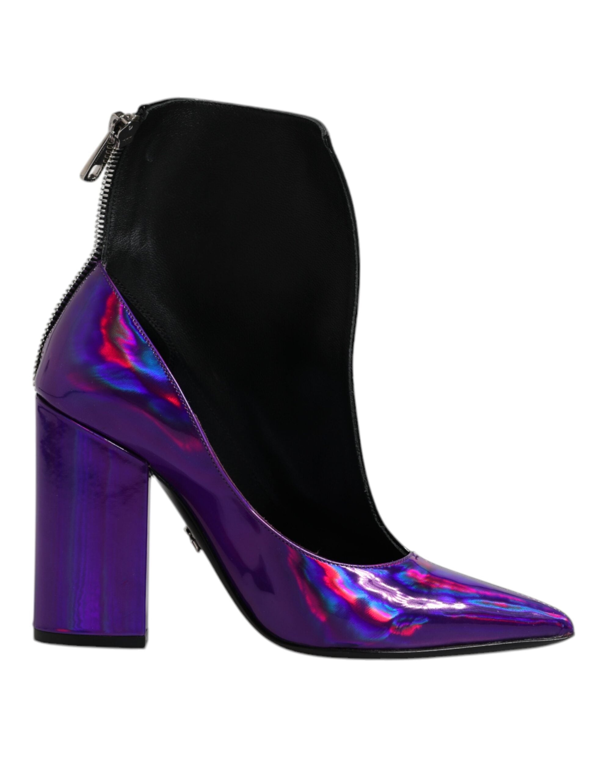Experience the allure of Dolce & Gabbana's Purple Black Pointed Ankle Boots, where exquisite leather craftsmanship meets contemporary elegance for the discerning fashionista.
