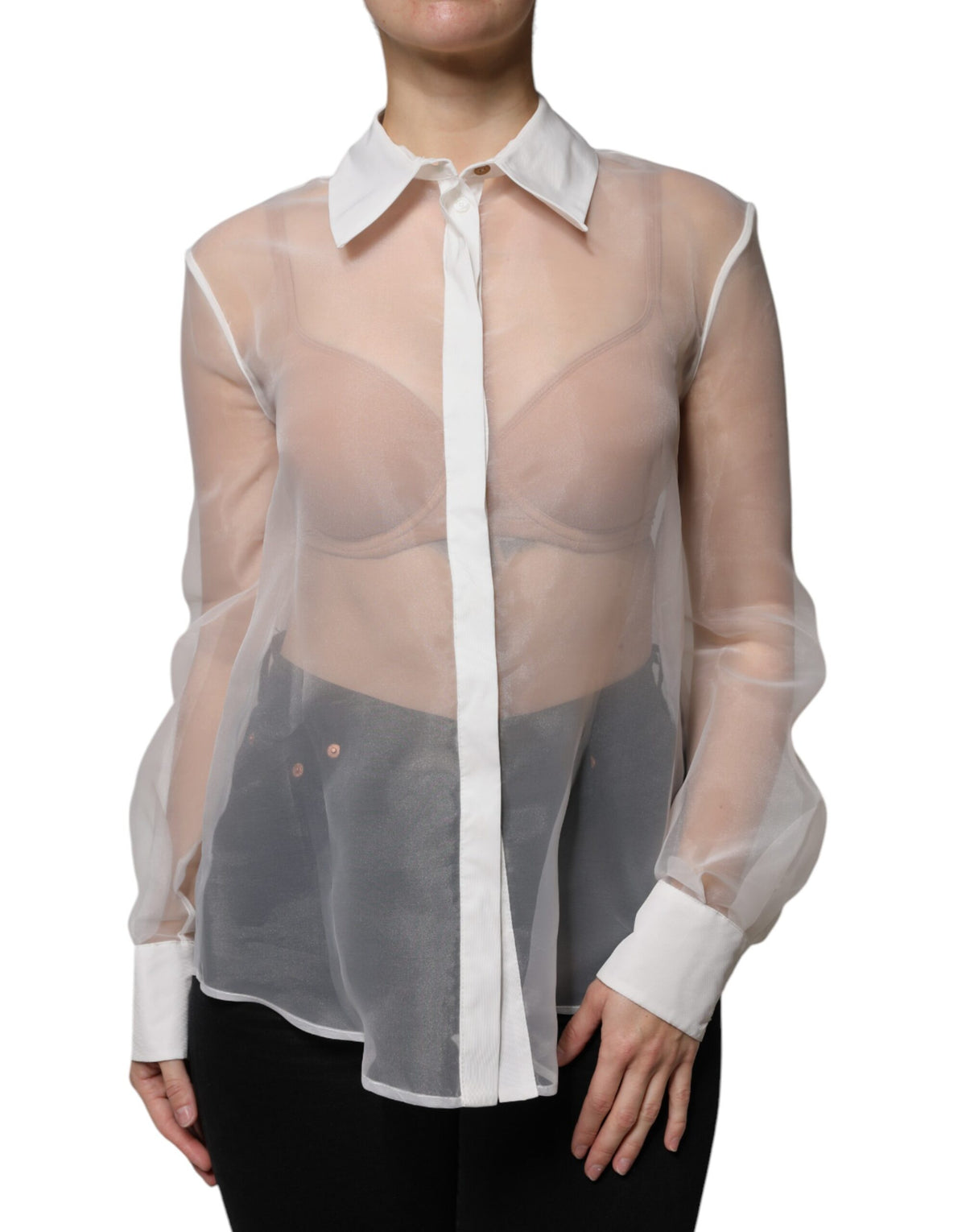 Elevate your elegance with the Elisabetta Franchi White Sheer Collared Top, a masterpiece of Italian craftsmanship that embodies timeless sophistication and allure.