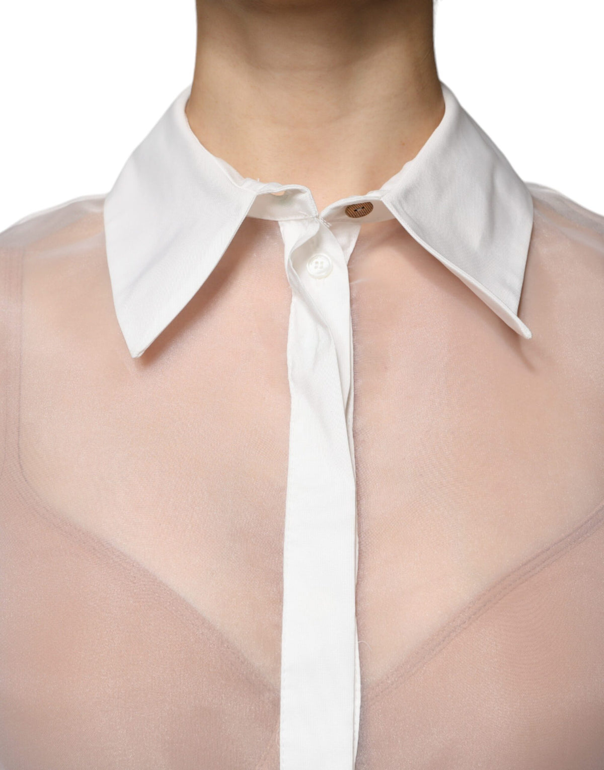 Elevate your elegance with the Elisabetta Franchi White Sheer Collared Top, a masterpiece of Italian craftsmanship that embodies timeless sophistication and allure.