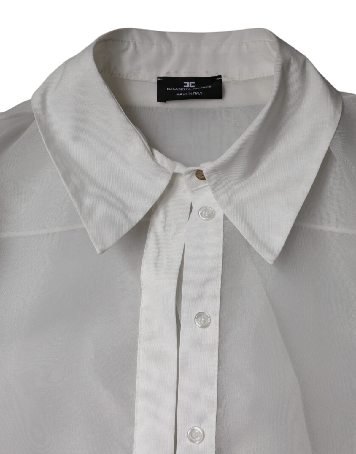 Elevate your style with the Elisabetta Franchi White Sheer Collared Top, a masterpiece of Italian craftsmanship, perfect for sophisticated occasions and timeless elegance.