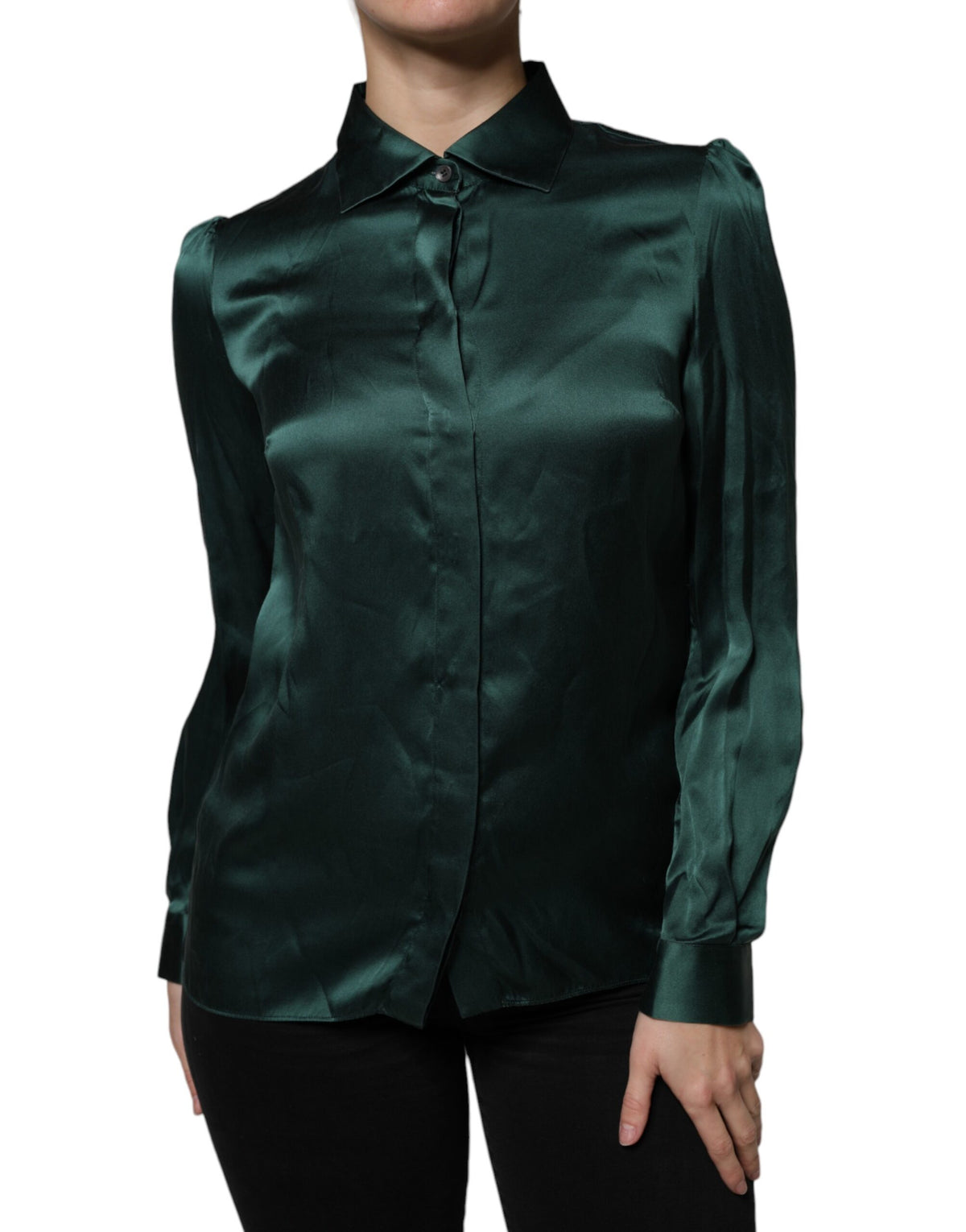 Experience the allure of the Dolce & Gabbana Dark Green Silk Button Down Blouse, where exquisite craftsmanship meets timeless elegance, perfect for the discerning individual.