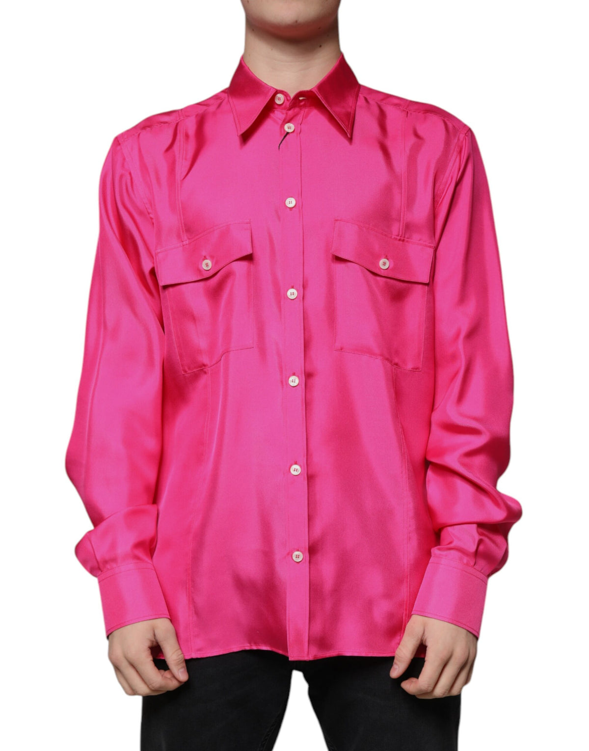 Experience the allure of Dolce & Gabbana's Pink Silk Collared Button Down Shirt, a masterpiece of Italian craftsmanship that embodies timeless elegance and sophisticated versatility.
