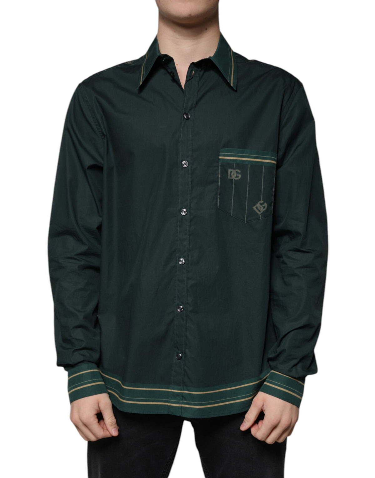 Elevate your wardrobe with the Dolce & Gabbana Green Logo Long Sleeve MARTINI Casual Shirt, a masterpiece of Italian craftsmanship in luxurious cotton, embodying timeless sophistication.