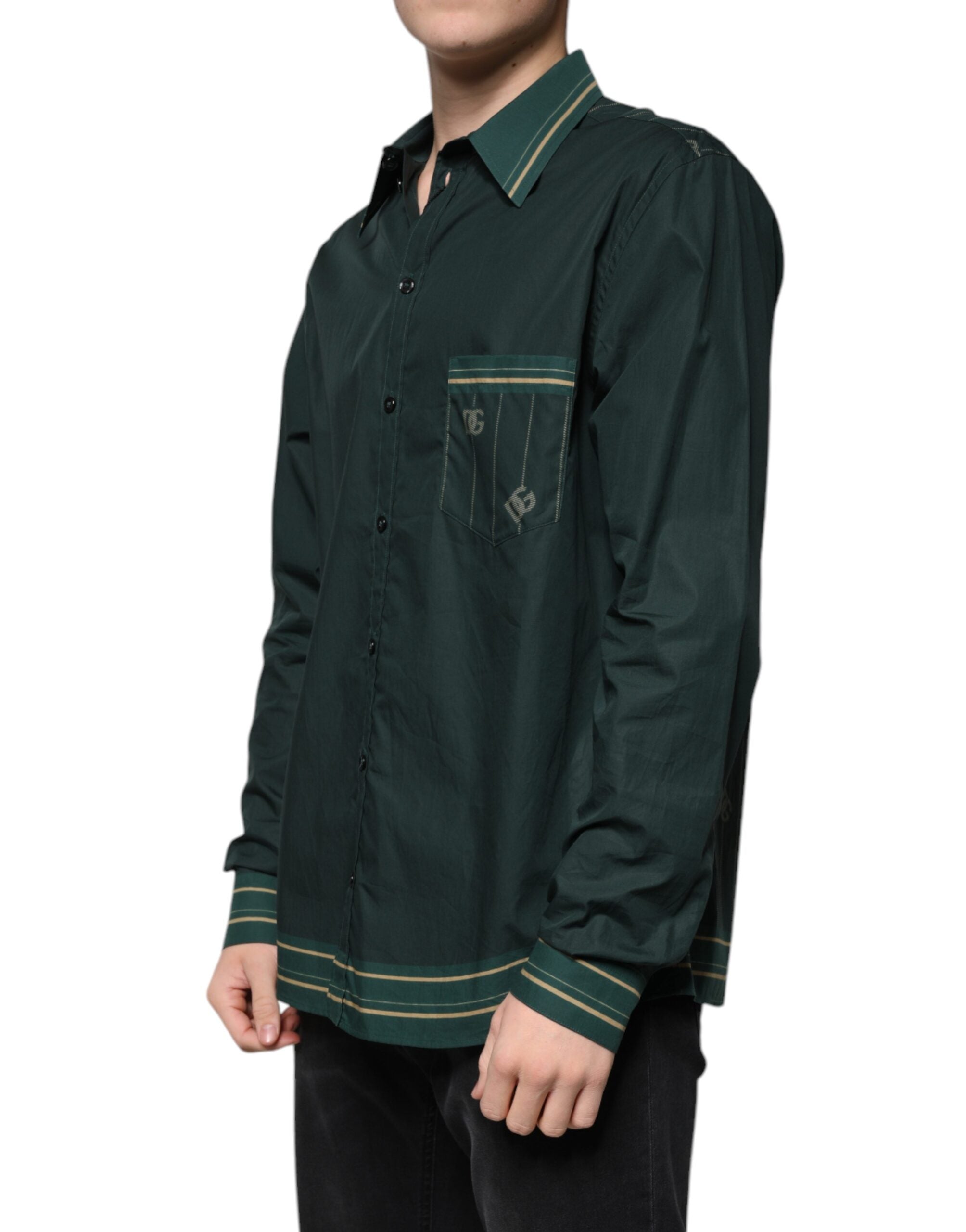 Experience the allure of the Dolce & Gabbana Green Logo Long Sleeve MARTINI Casual Shirt, crafted from luxurious cotton for a sophisticated, timeless elegance.