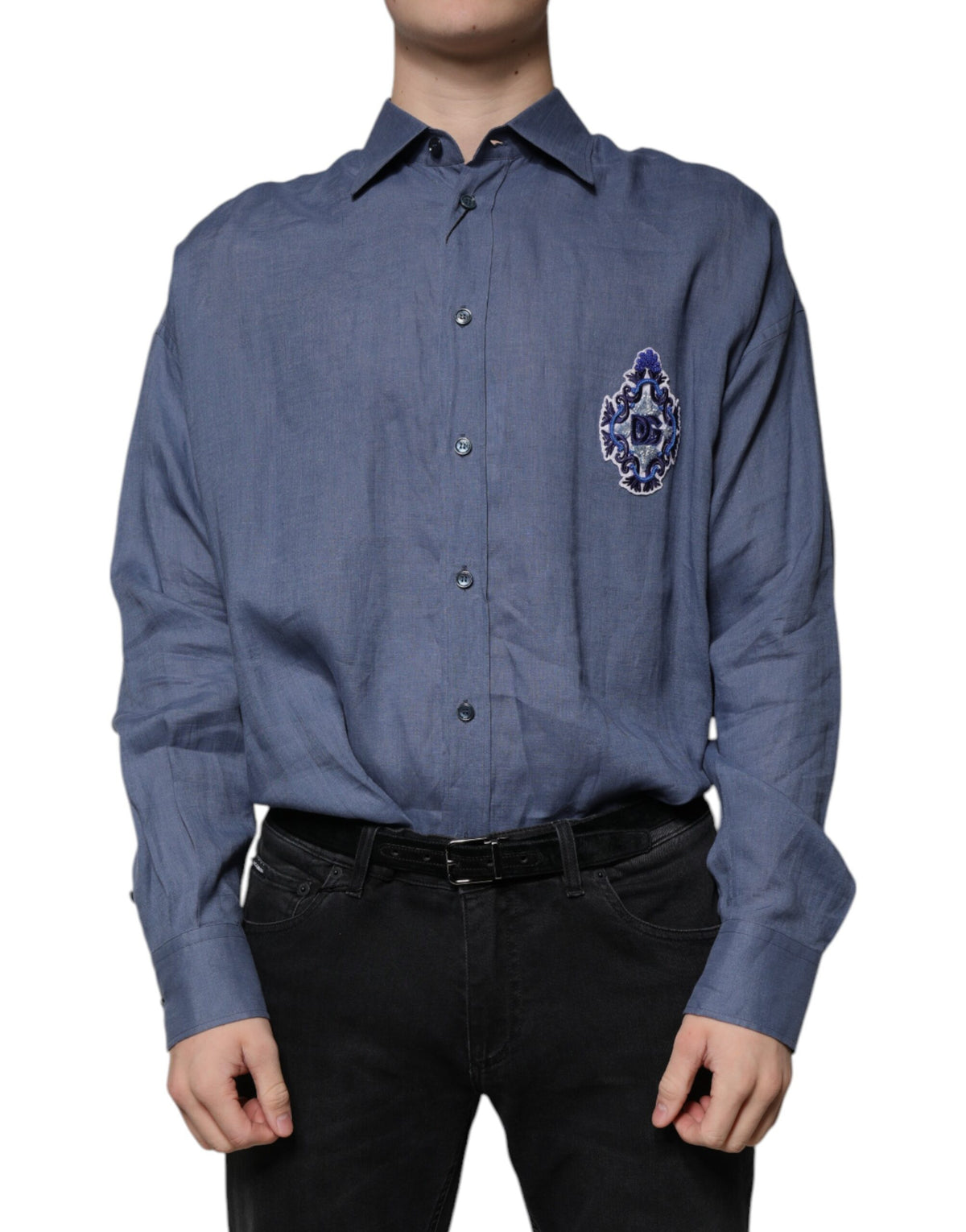 Indulge in the Dolce & Gabbana Blue Logo Long Sleeve Button Down Shirt, crafted from luxurious 100% flax, embodying timeless elegance and sophisticated allure.