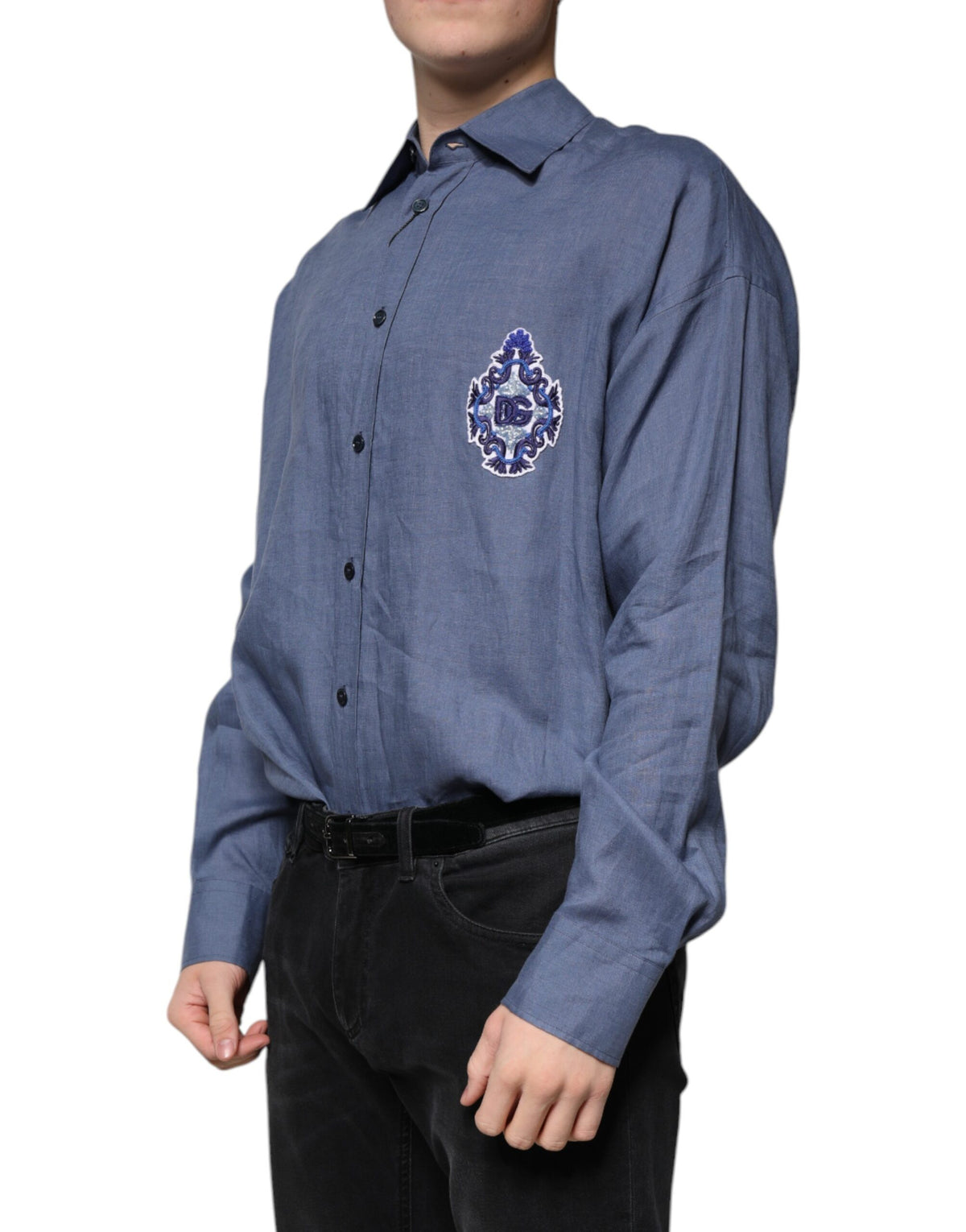 Indulge in the exquisite Dolce & Gabbana Blue Logo Long Sleeve Button Down Shirt, crafted from luxurious 100% flax, embodying timeless elegance and sophisticated allure.