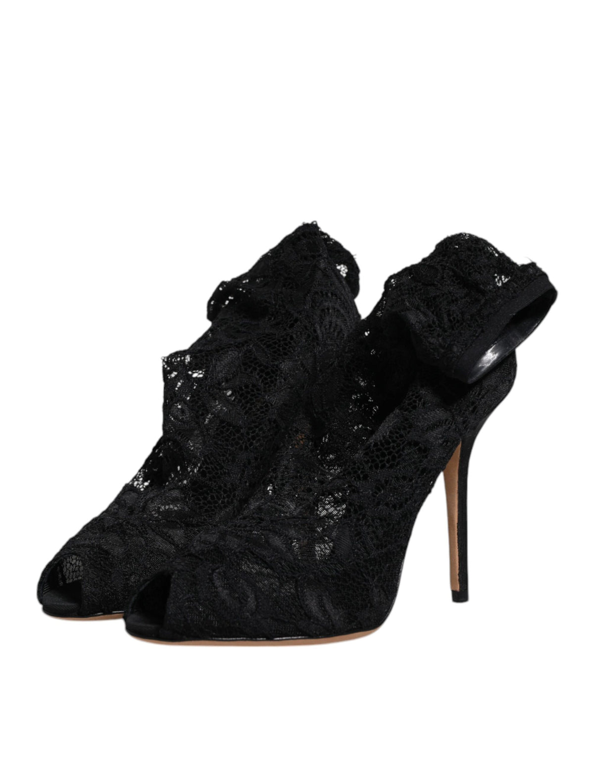 Elevate your style with Dolce & Gabbana's Black Lace Stretch Heels, where exquisite Italian craftsmanship meets sensual allure, perfect for any sophisticated occasion.