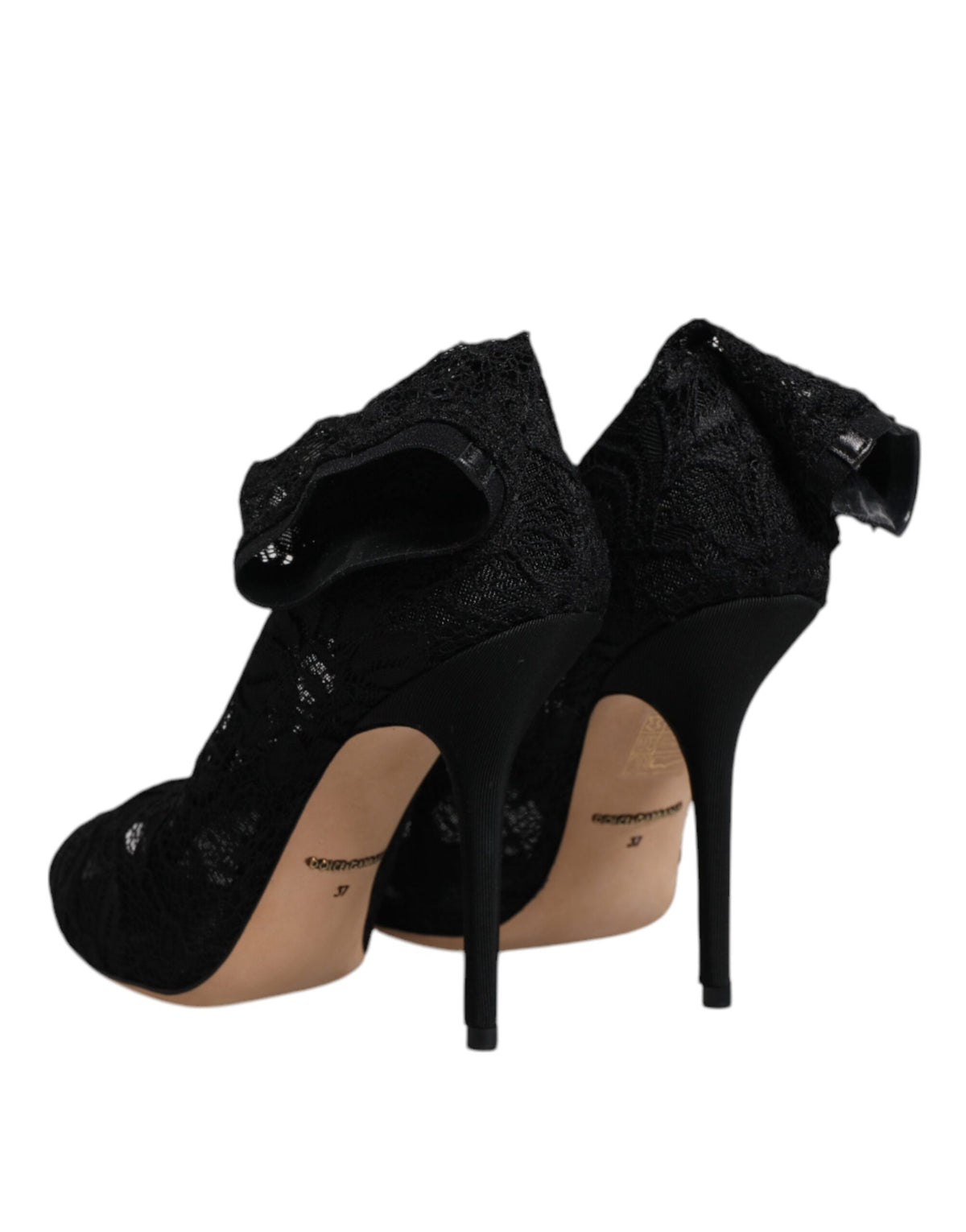 Indulge in the exquisite Dolce & Gabbana Black Lace Stretch Heels, a masterpiece of Italian craftsmanship, blending sensuality and sophistication for the discerning individual.