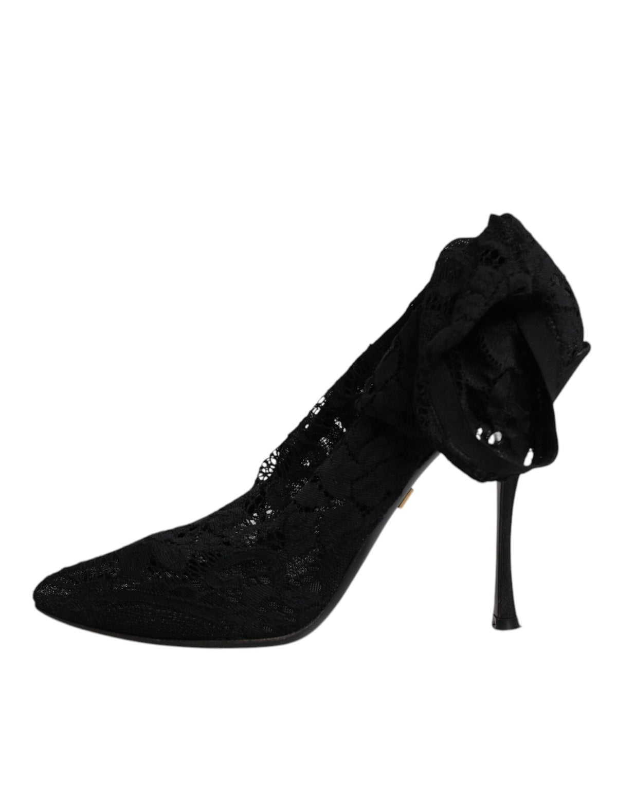 Discover the exquisite Dolce & Gabbana Black Lace Stretch Heels, crafted in Italy from luxurious materials, embodying timeless elegance and sophistication for the discerning individual.