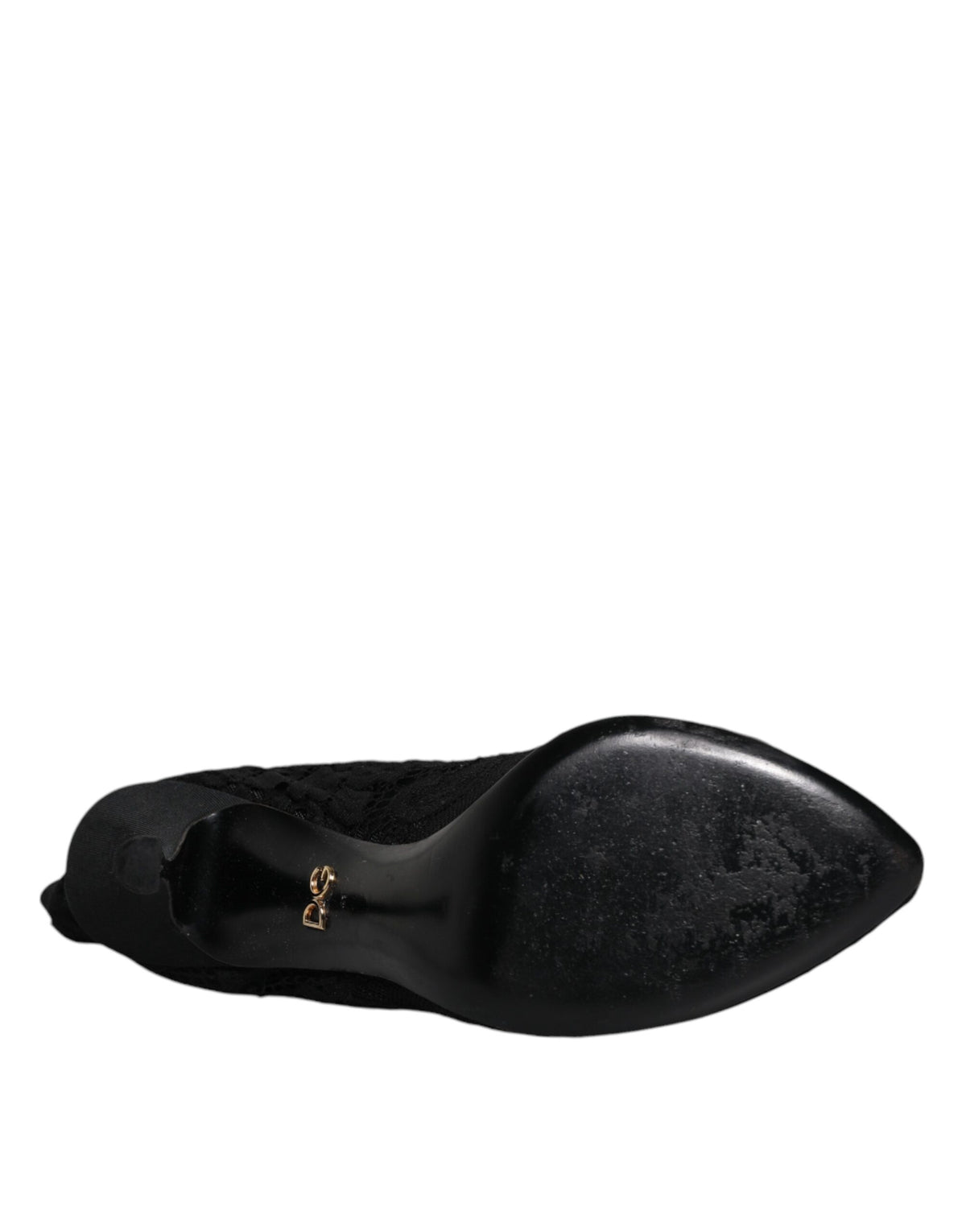 Elevate your style with Dolce & Gabbana's Black Lace Stretch Heels, crafted in Italy from luxurious materials for an exquisite silhouette that embodies timeless elegance.