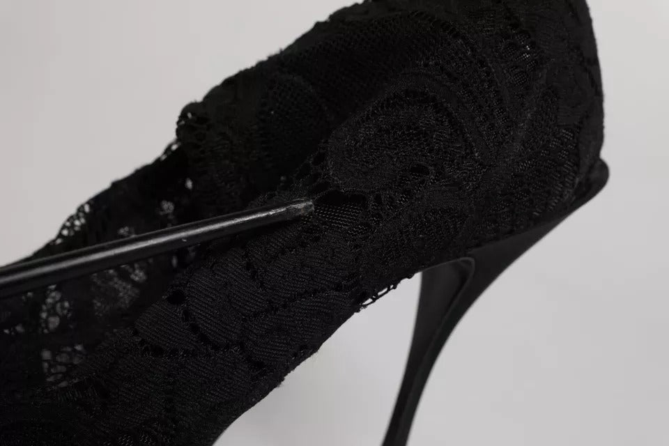 Step into the world of Dolce & Gabbana with these exquisite Black Lace Stretch Heels, where luxurious materials and Italian craftsmanship elevate your style to new heights.