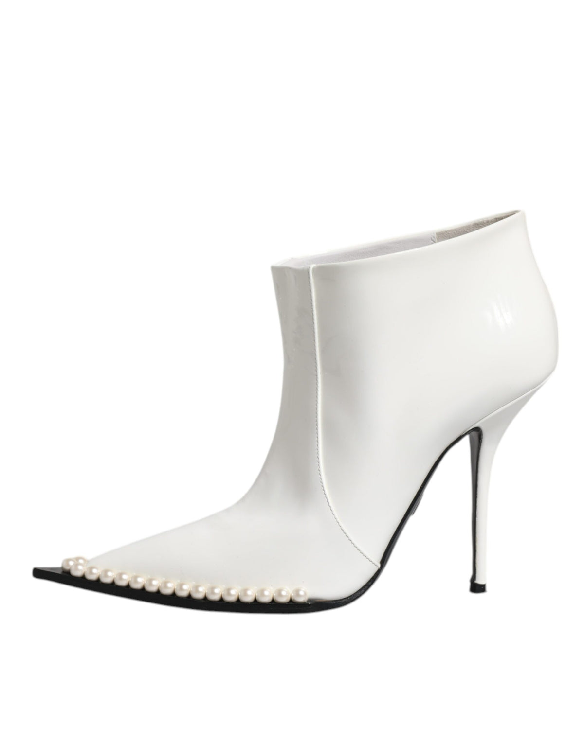 Step into a world of elegance with Dolce & Gabbana's White Faux Pearl Leather Ankle Boots, where exquisite craftsmanship meets timeless luxury for the discerning individual.