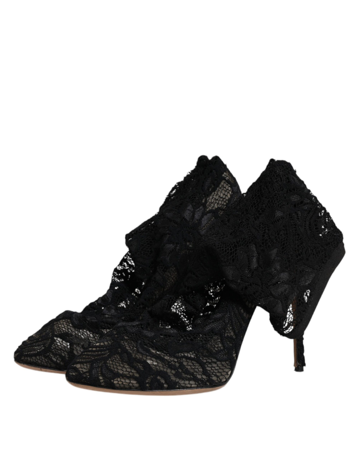 Experience the exquisite elegance of Dolce & Gabbana's Black Lace Stretch Heels, where Italian craftsmanship meets bold romance, perfect for elevating any occasion.
