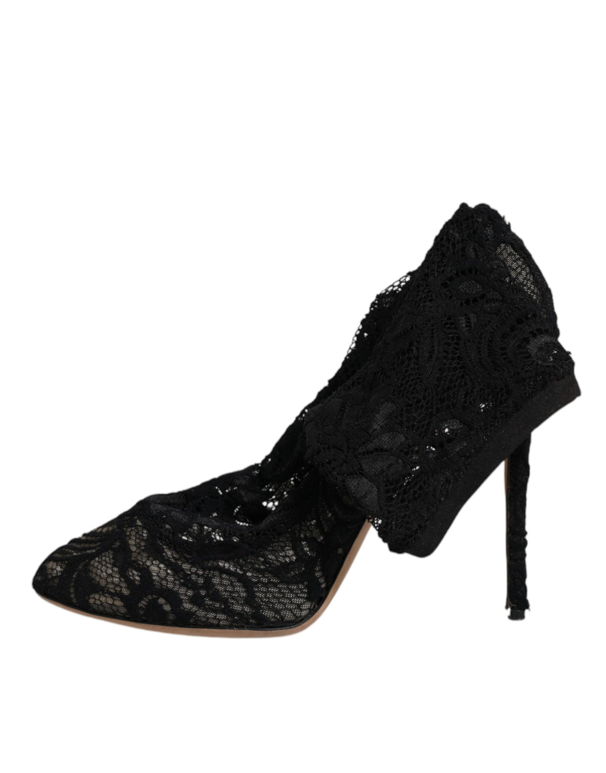 Discover the exquisite Dolce & Gabbana Black Lace Stretch Heels, a blend of luxurious materials and Italian craftsmanship, perfect for elevating any sophisticated ensemble.