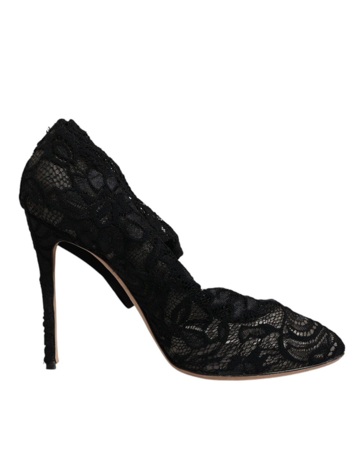 Indulge in the exquisite allure of Dolce & Gabbana's Black Lace Stretch Heels, a testament to Italian craftsmanship that elevates every ensemble with luxurious elegance.