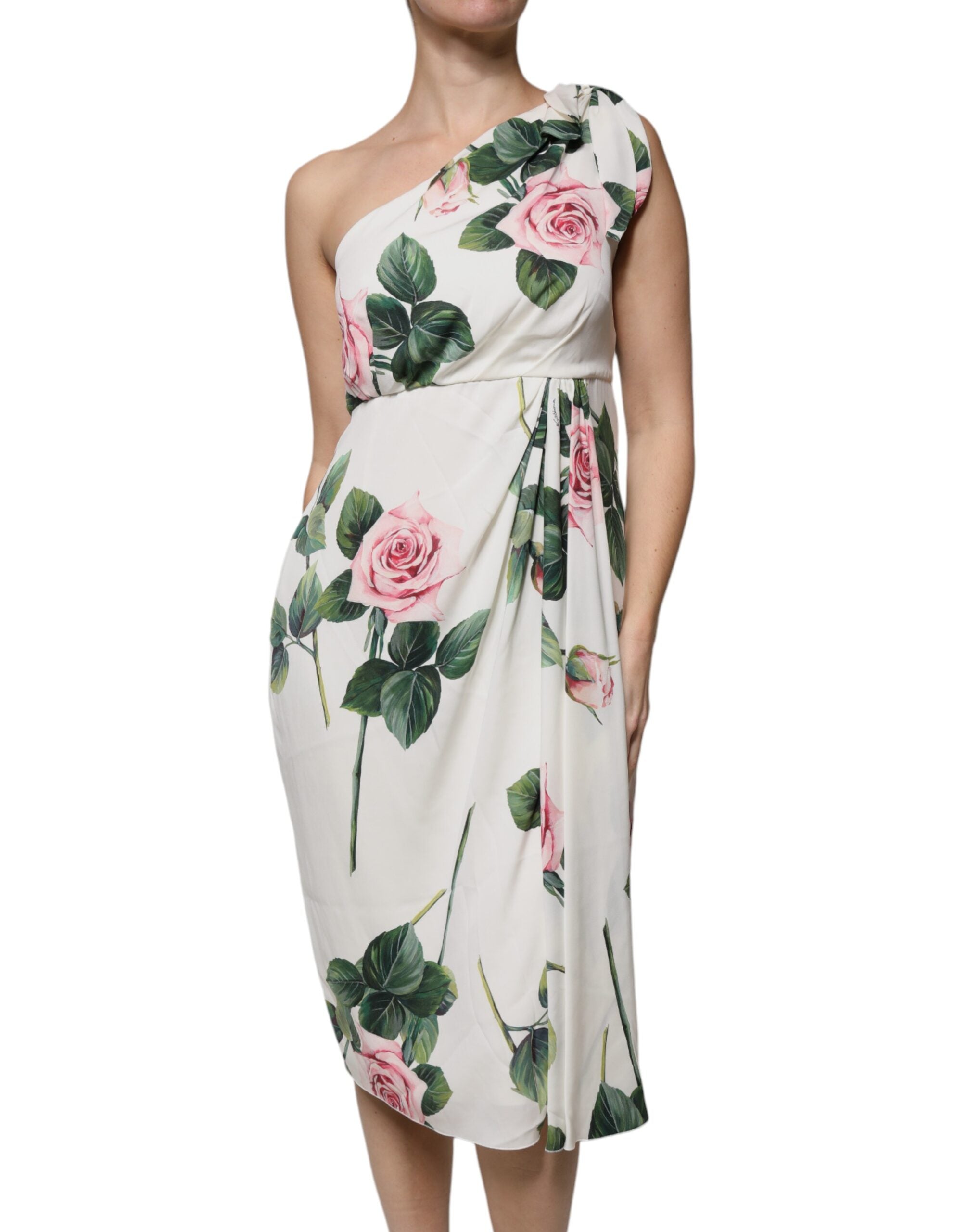 Experience the allure of the Dolce & Gabbana White Floral Silk One Shoulder Midi Dress, a masterpiece of Italian craftsmanship that embodies timeless elegance and sophistication.