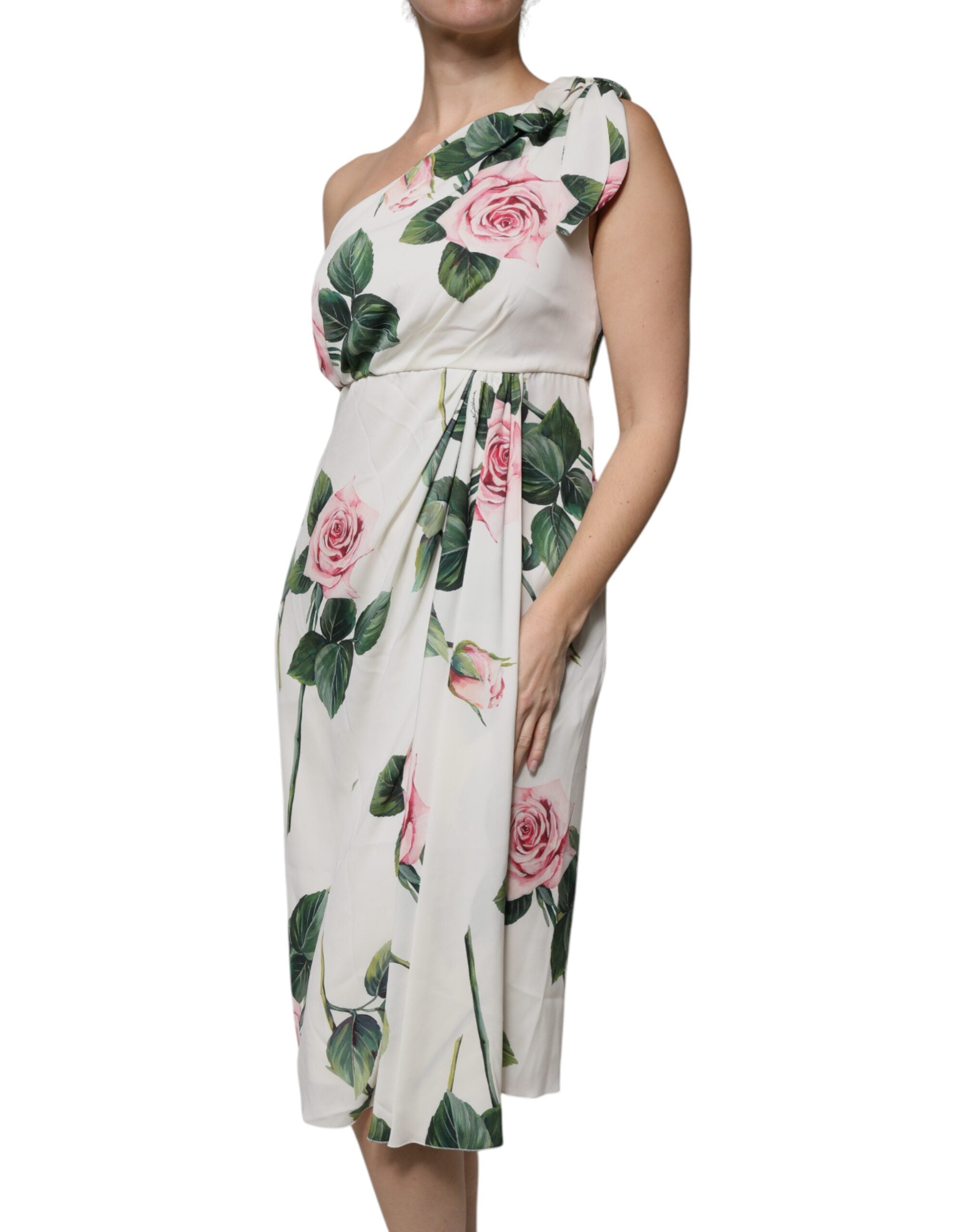 Experience the allure of the Dolce & Gabbana White Floral Silk One Shoulder Midi Dress, a masterpiece of Italian craftsmanship that embodies timeless elegance and sophistication.