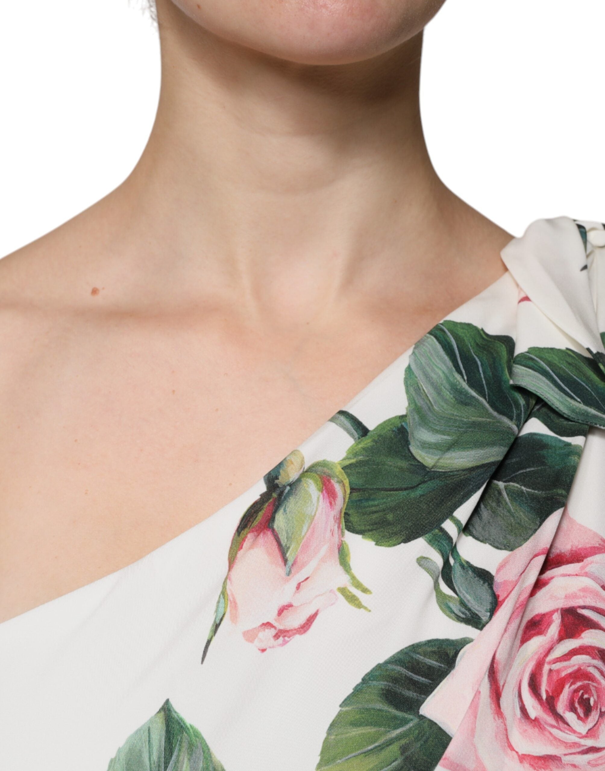 Indulge in the exquisite Dolce & Gabbana White Floral Silk One Shoulder Midi Dress, a timeless masterpiece crafted in Italy, embodying luxury and elegance for the discerning individual.