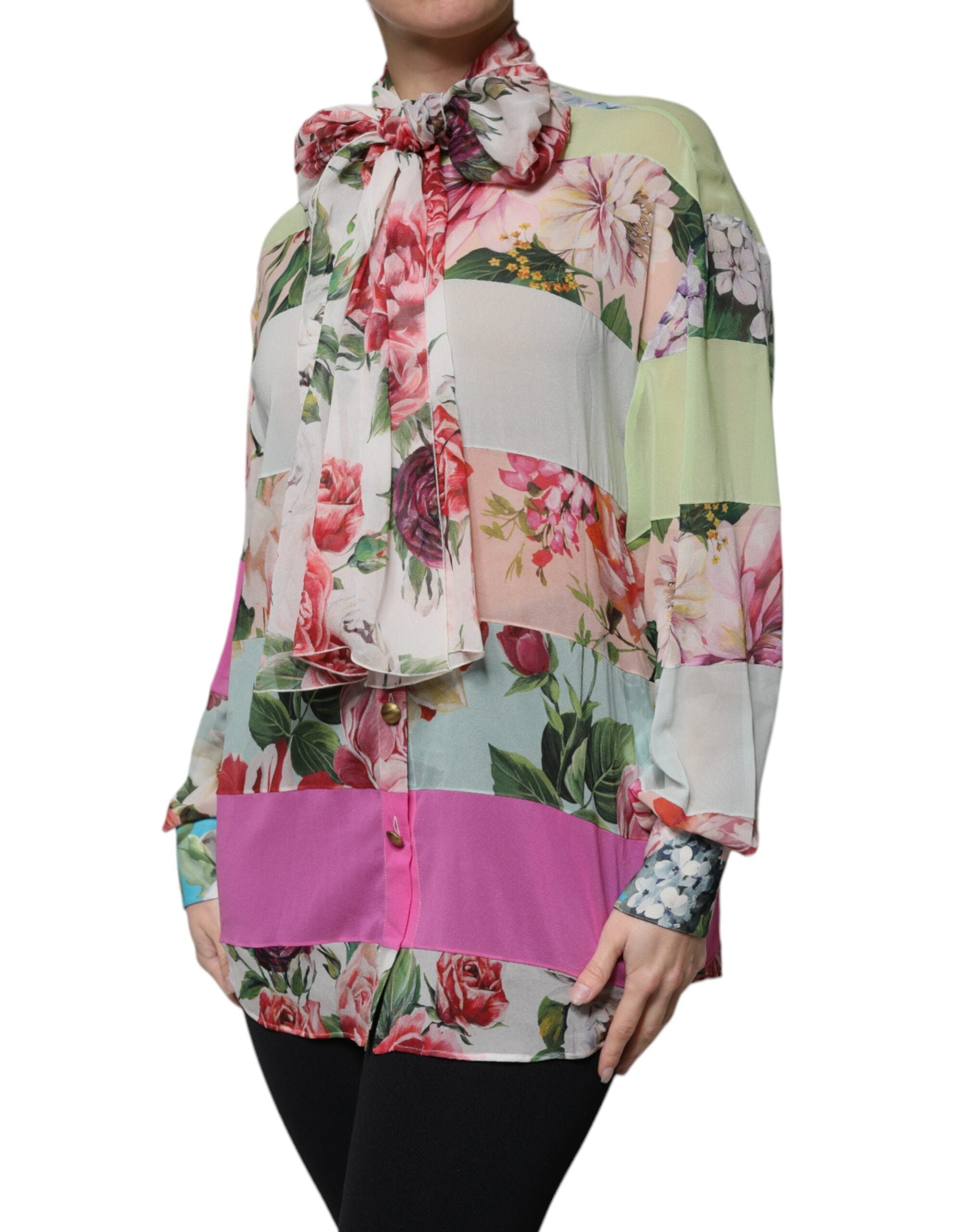 Discover the Dolce & Gabbana Multicolor Floral Patchwork Ascot Collar Top, a silk masterpiece that embodies luxury and sophistication for the discerning individual.