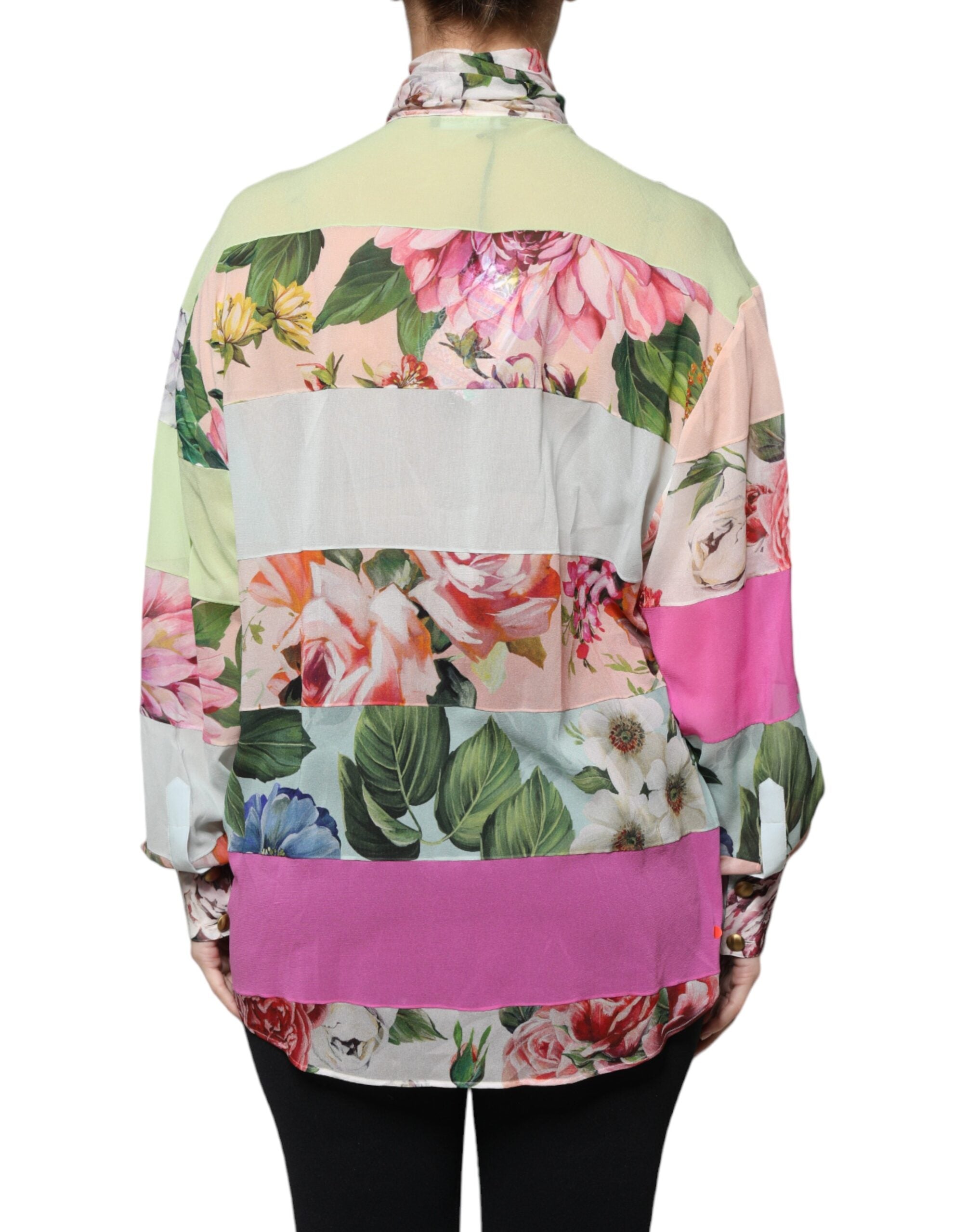 Indulge in the exquisite Dolce & Gabbana Multicolor Floral Patchwork Ascot Collar Top, a silk masterpiece that redefines luxury and sophistication for the discerning individual.