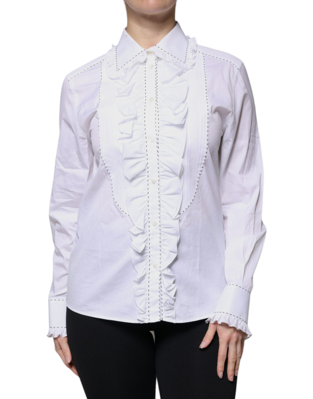 Experience the exquisite allure of Dolce & Gabbana's White Cotton Long Sleeves Ruffle Collar Top, a timeless piece embodying Italian craftsmanship and sophisticated elegance.