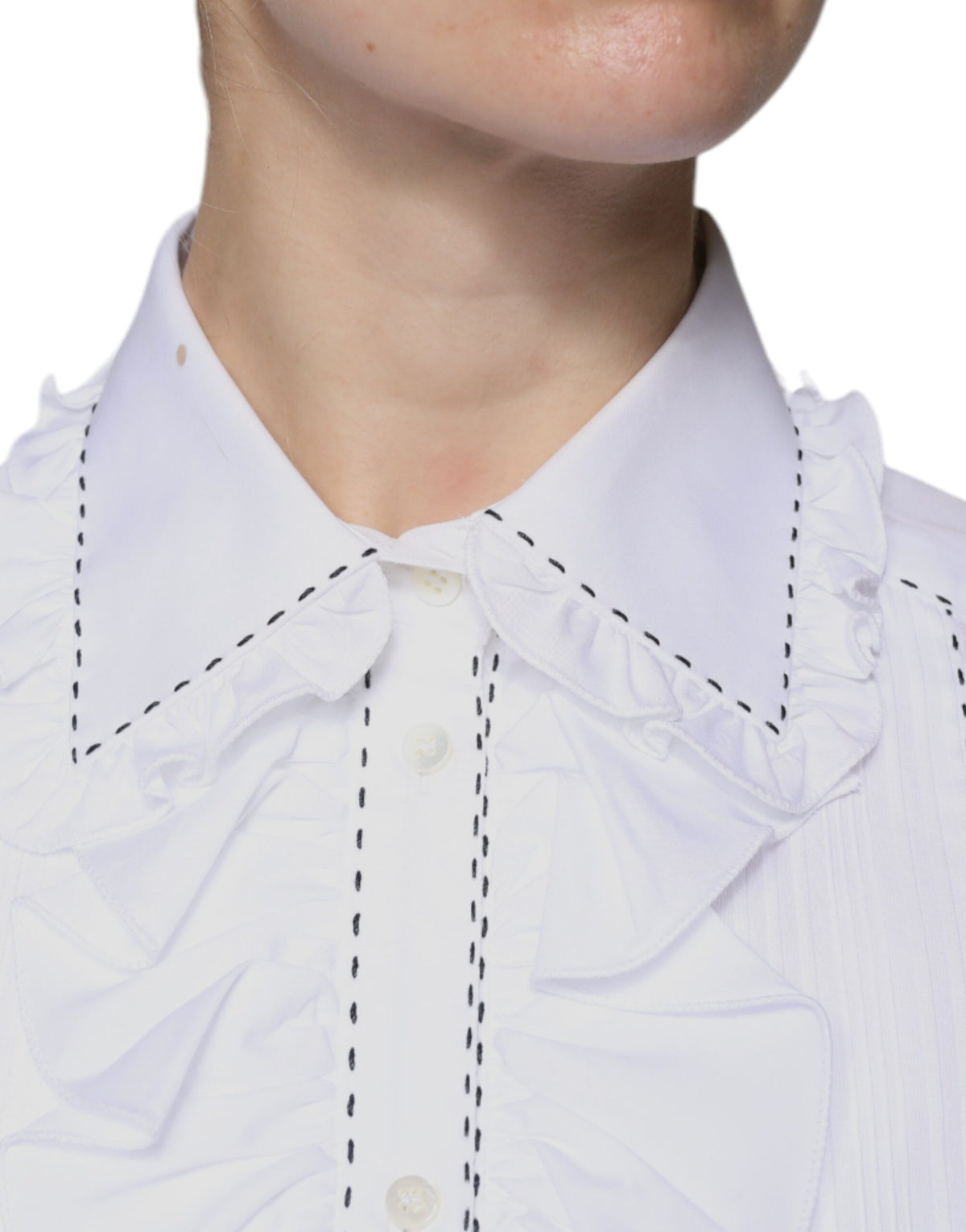 Experience the exquisite allure of Dolce & Gabbana's White Cotton Long Sleeves Ruffle Collar Top, a timeless piece that embodies Italian craftsmanship and sophisticated elegance.