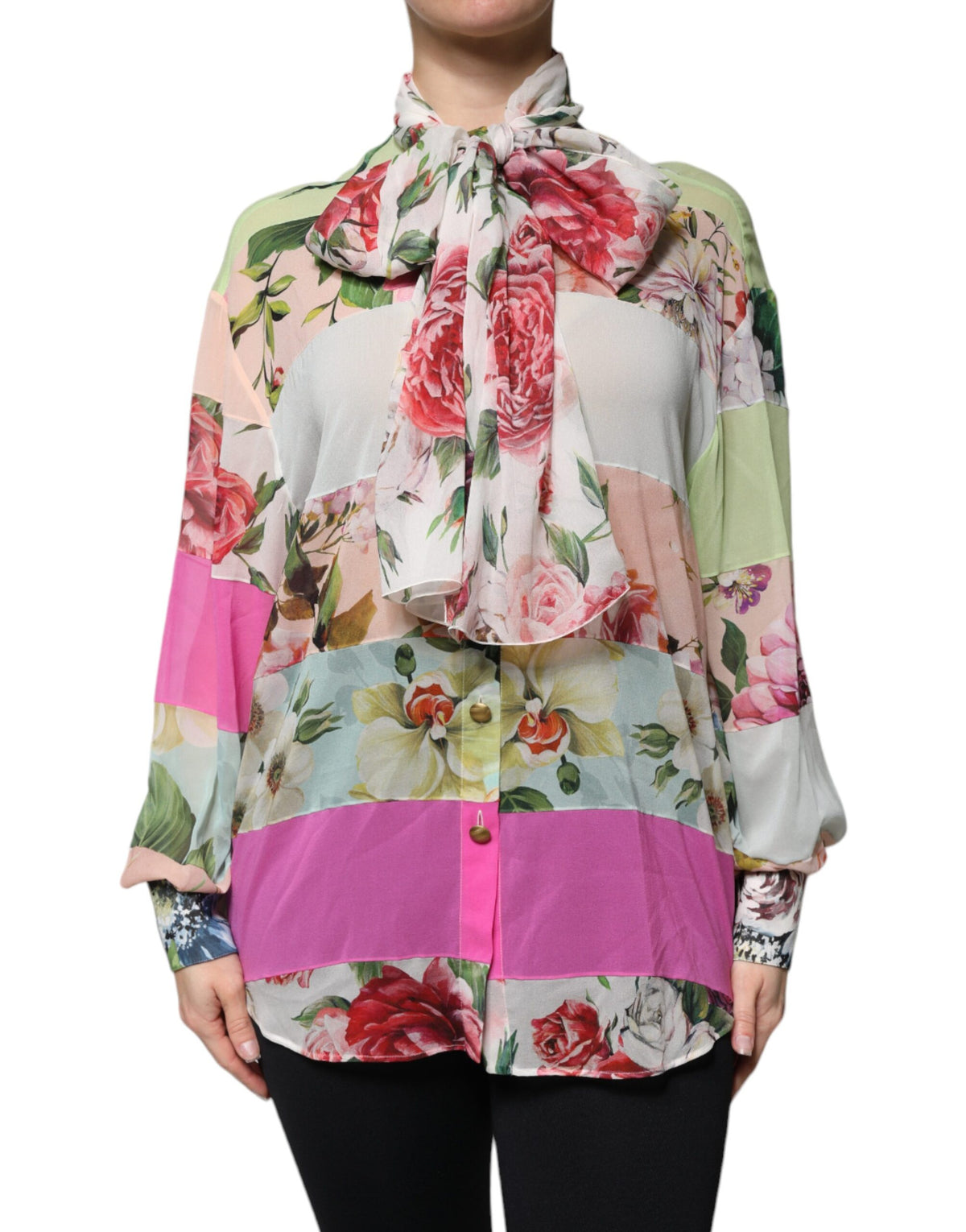 Elevate your wardrobe with the Dolce & Gabbana Multicolor Floral Patchwork Ascot Collar Top, a couture masterpiece crafted from premium silk and elastane, embodying timeless elegance and sophisticated allure.