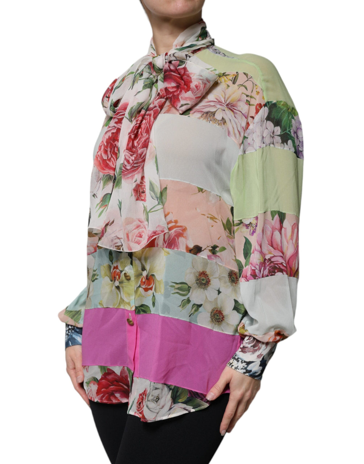 Elevate your wardrobe with the Dolce & Gabbana Multicolor Floral Patchwork Ascot Collar Top, a couture masterpiece crafted in Italy from a luxurious silk blend, embodying timeless elegance and sophistication.