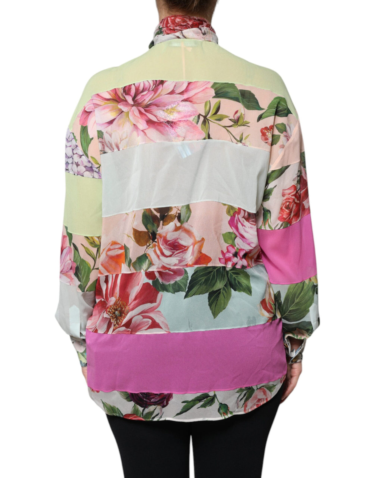 Elevate your wardrobe with the Dolce & Gabbana Multicolor Floral Patchwork Ascot Collar Top, a masterpiece of Italian craftsmanship in silk and elastane, perfect for unforgettable moments.