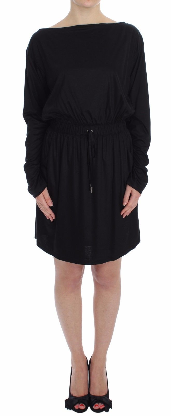 Experience the allure of the Versace Jeans Black Modal Silk Shift Knee Dress, where exquisite craftsmanship meets luxurious materials, perfect for the discerning individual.
