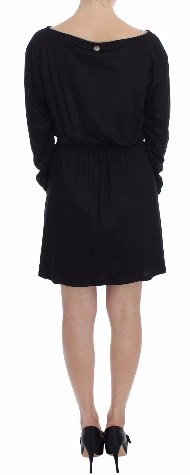 Elevate your wardrobe with the Versace Jeans Black Modal Silk Shift Knee Dress, a masterpiece of Italian craftsmanship that embodies timeless elegance and refined allure.