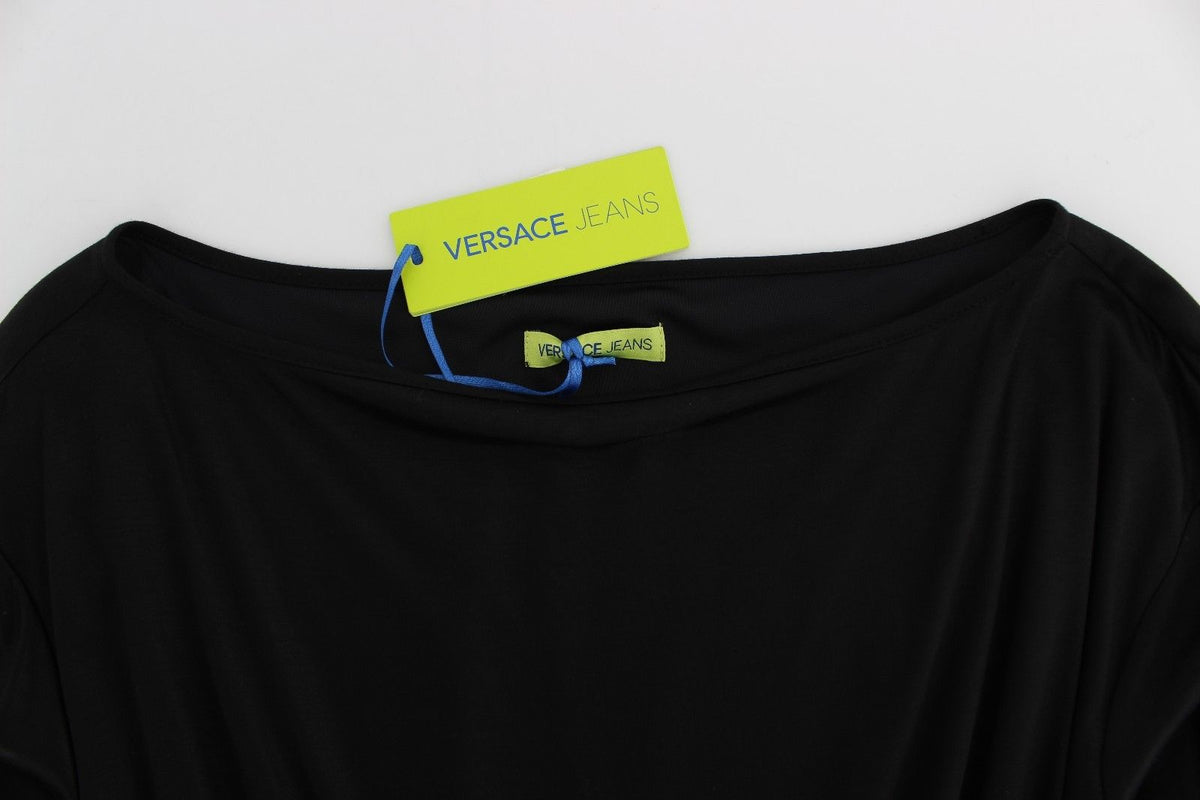 Indulge in the Versace Jeans Black Modal Silk Shift Knee Dress, a masterpiece of Italian craftsmanship blending modal and silk for timeless elegance and allure.
