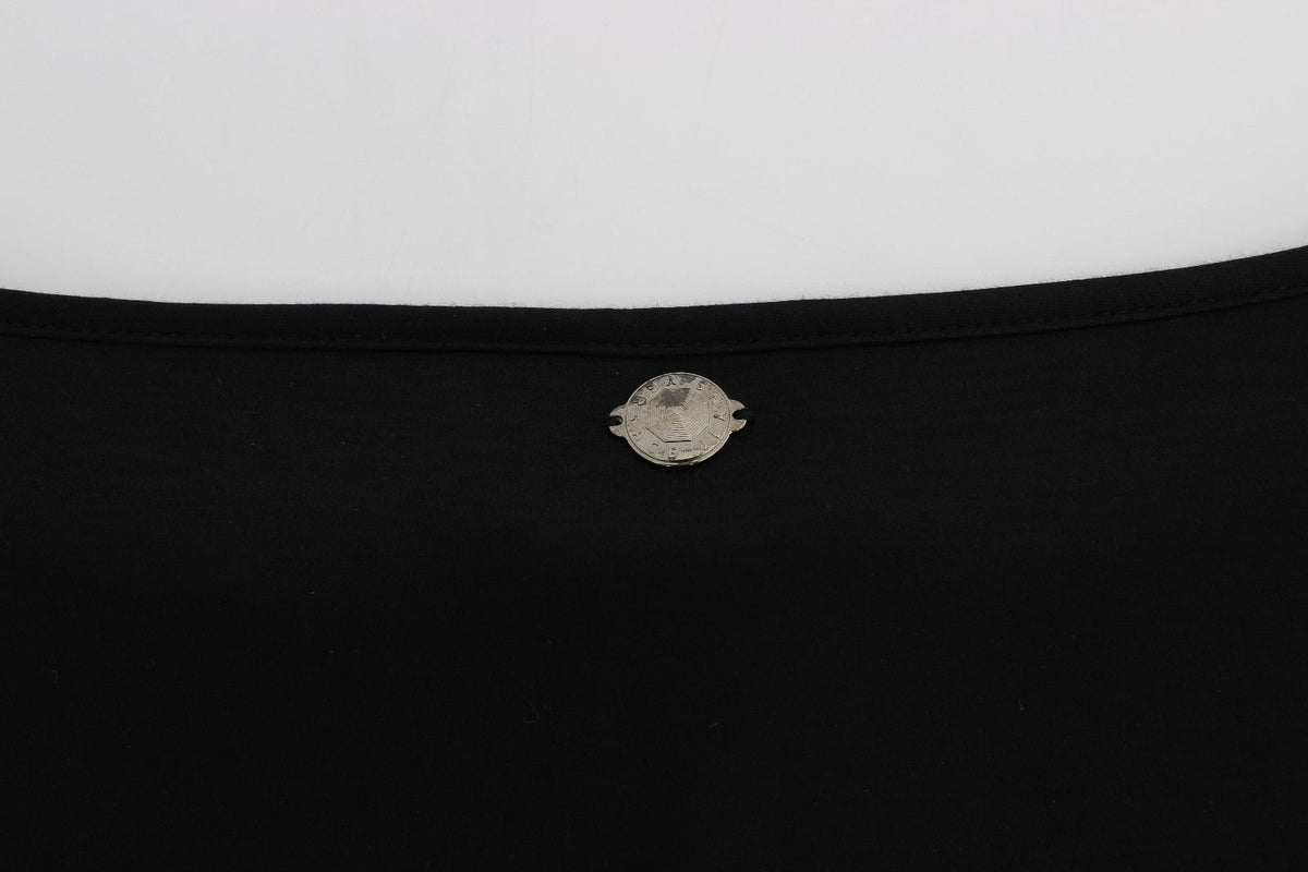 Elevate your wardrobe with the Versace Jeans Black Modal Silk Shift Knee Dress, a masterpiece of Italian craftsmanship that embodies luxury and timeless elegance.