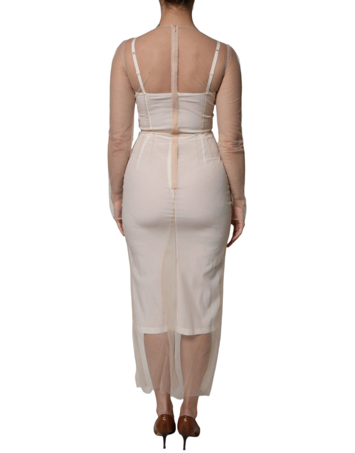 Elevate your elegance with the Dolce & Gabbana White Sheer Tulle Bustier Bodycon Midi Dress, a masterpiece of Italian craftsmanship that embodies timeless allure and sophistication.