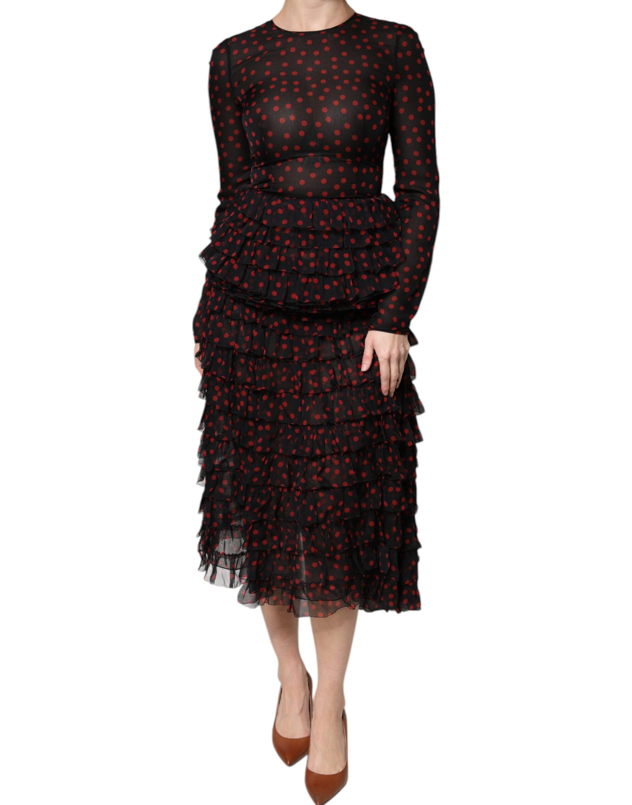 Elevate your wardrobe with the Dolce & Gabbana Black Red Polka Dot Silk Layered Midi Dress, a masterpiece of Italian craftsmanship that embodies timeless elegance and sophisticated allure.