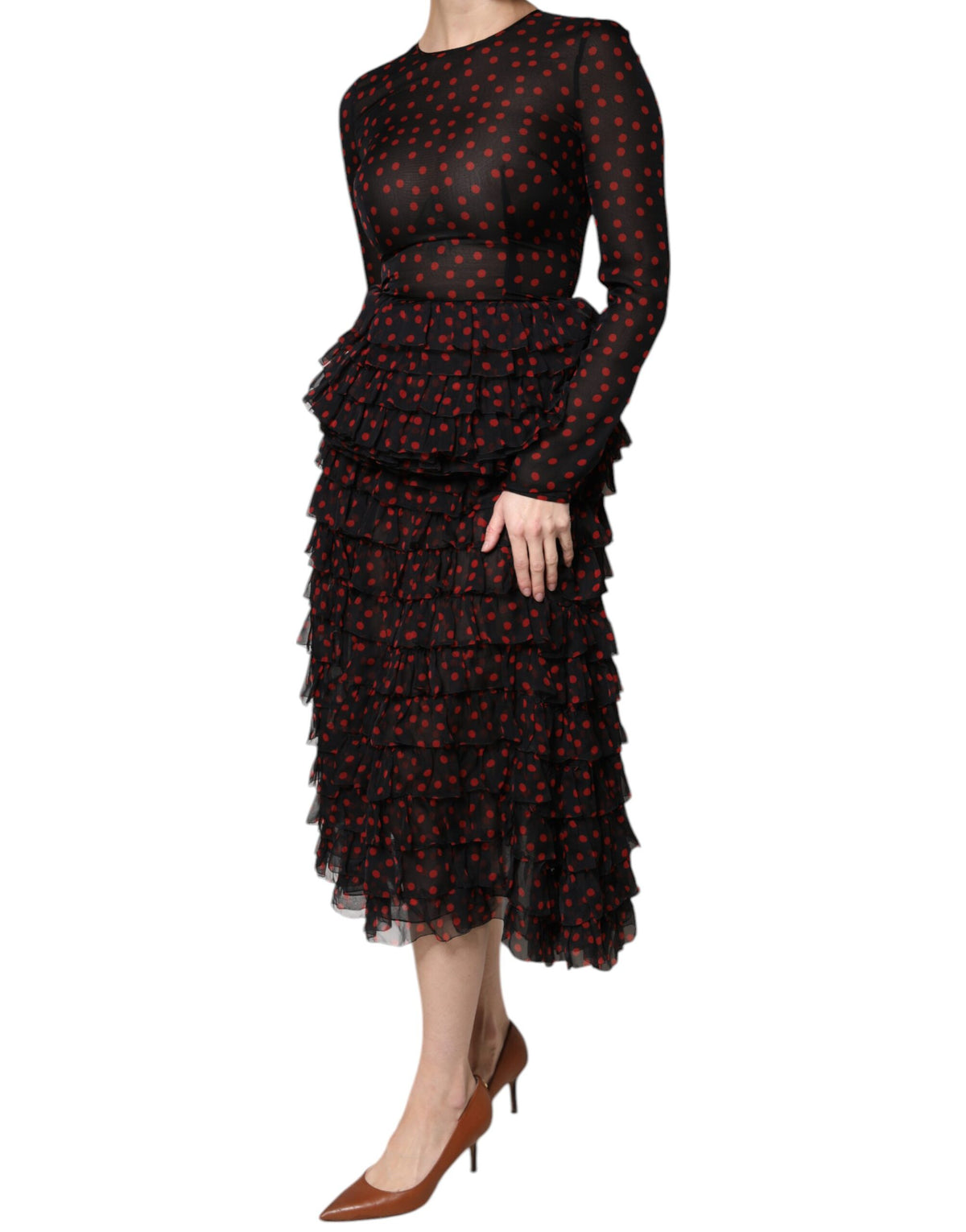 Indulge in the allure of the Dolce & Gabbana Black Red Polka Dot Silk Layered Midi Dress, where exquisite Italian craftsmanship meets timeless elegance for a captivating presence.