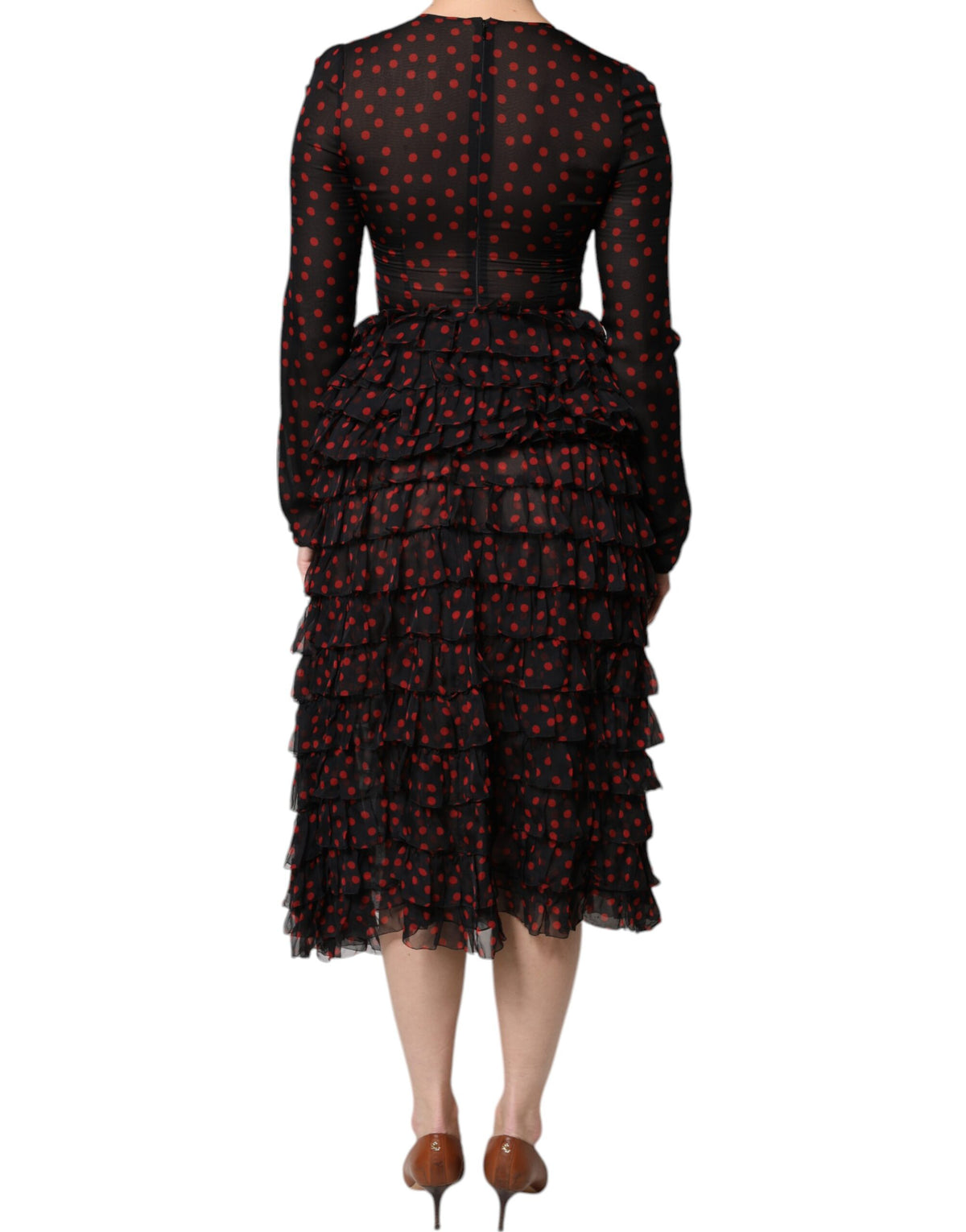 Indulge in the exquisite allure of the Dolce & Gabbana Black Red Polka Dot Silk Layered Midi Dress, a masterpiece of Italian craftsmanship that redefines luxury elegance.