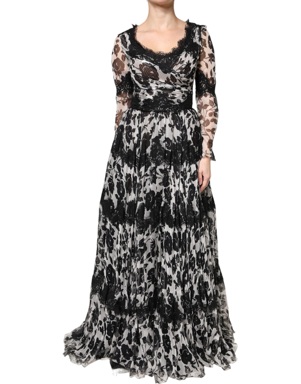 Indulge in the exquisite allure of the Dolce & Gabbana Black Silk Floral Lace Ricamo Ball Maxi Dress, a testament to Italian craftsmanship and timeless elegance, perfect for unforgettable moments.