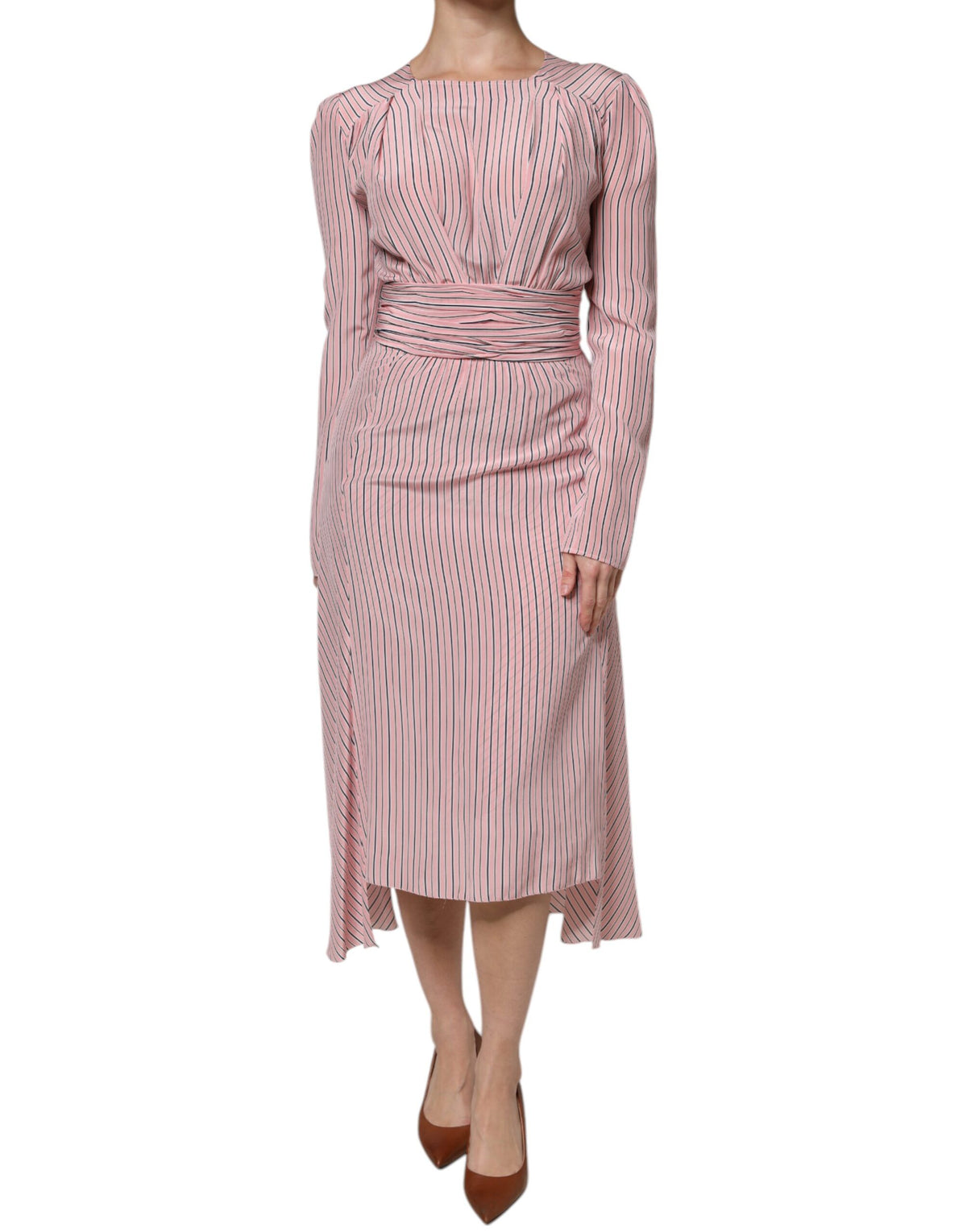 Indulge in the opulent allure of the Ermanno Scervino Pink Stripes Silk Midi Dress, a masterpiece of Italian craftsmanship that embodies elegance and sophistication for unforgettable moments.