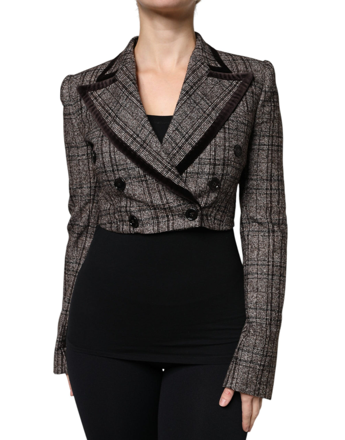 Indulge in the exquisite Dolce & Gabbana Brown Plaid Long Sleeve Cropped Coat Jacket, a masterpiece of Italian craftsmanship that elevates your wardrobe with timeless elegance and sophistication.
