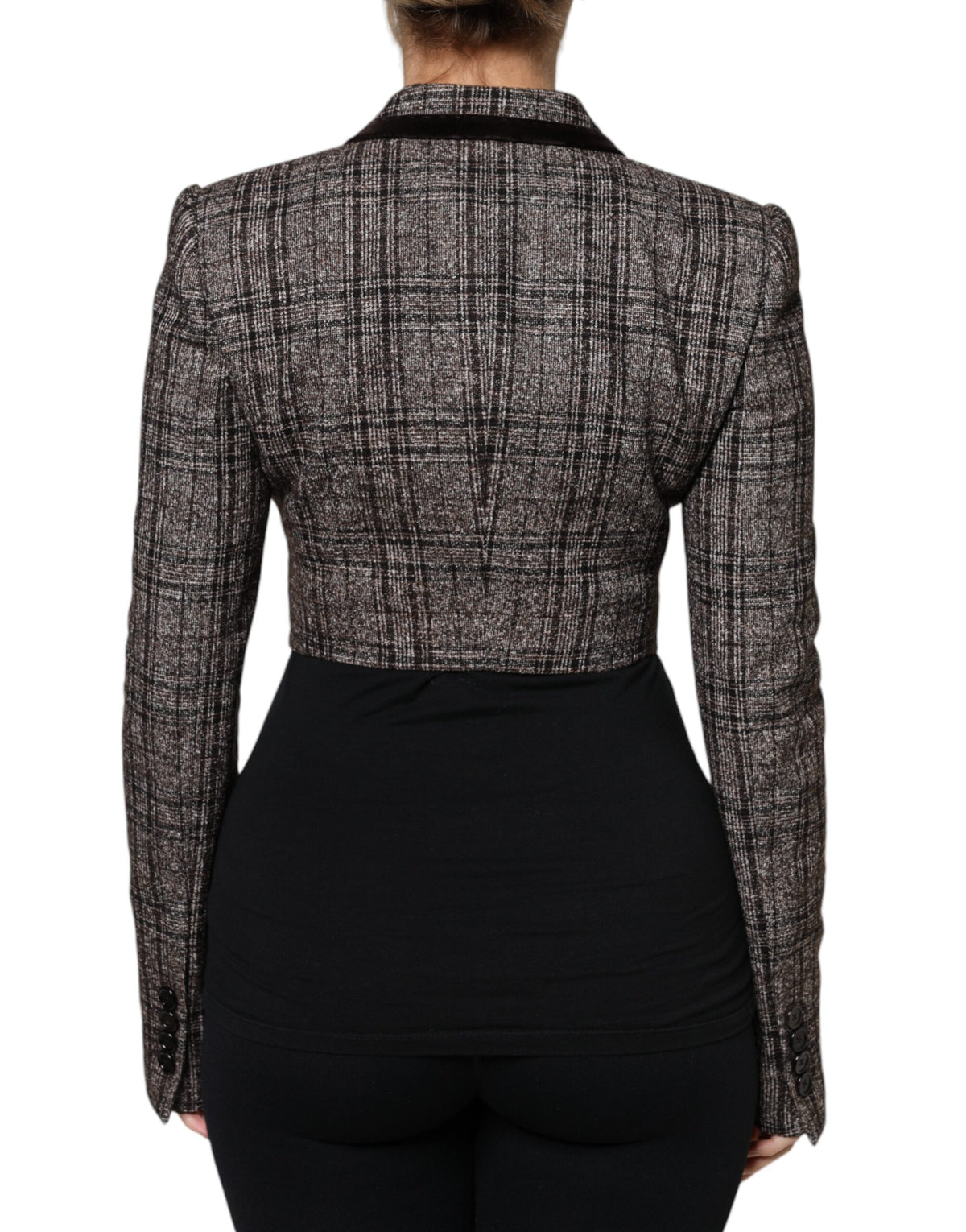 Indulge in the exquisite Dolce & Gabbana Brown Plaid Long Sleeve Cropped Coat Jacket, a timeless masterpiece crafted in Italy, embodying luxury and sophistication for the discerning individual.