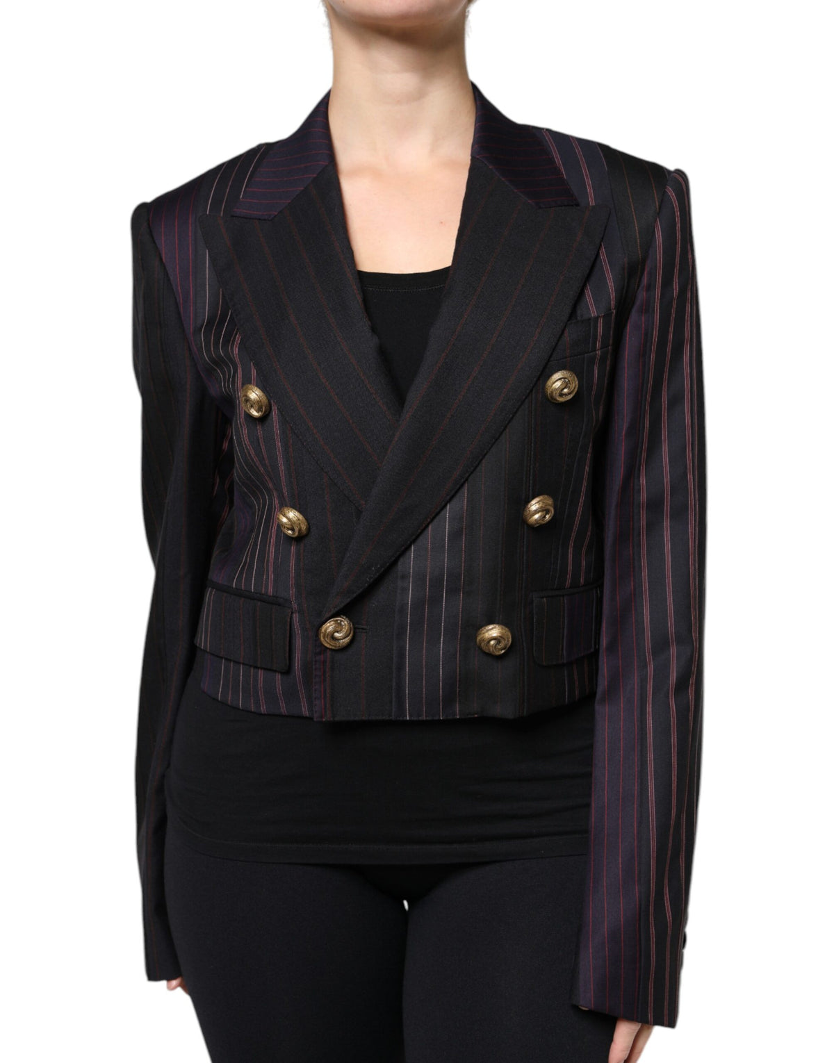 Elevate your wardrobe with the Dolce & Gabbana Multicolor Stripes Wool Cropped Blazer, a masterpiece of Italian craftsmanship in luxurious wool and silk, perfect for the discerning individual.