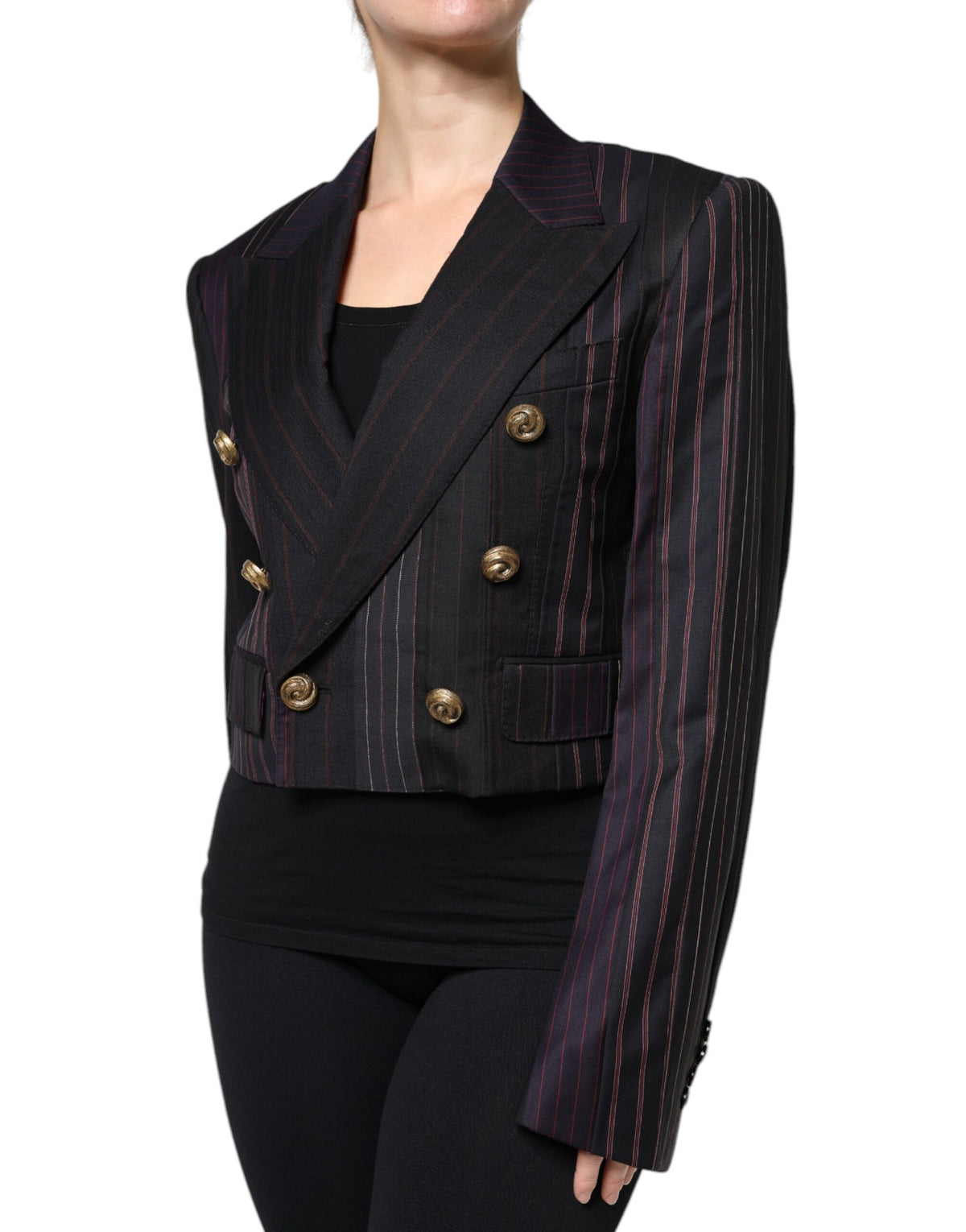 Elevate your wardrobe with the Dolce & Gabbana Multicolor Stripes Wool Cropped Blazer, a masterpiece of Italian craftsmanship in luxurious wool and silk, perfect for the discerning individual.